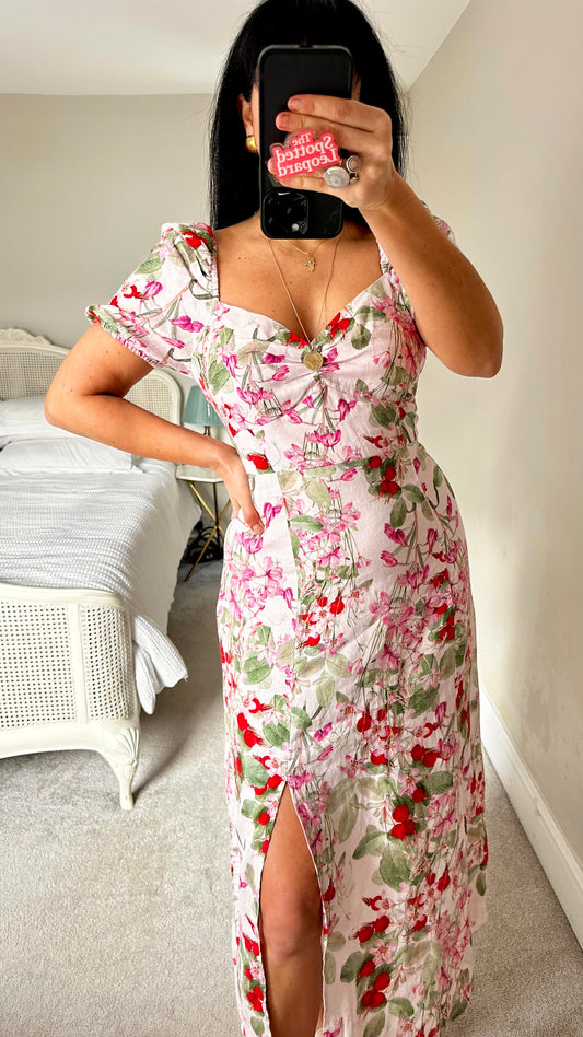 & other stories pink red floral side split 100% linen wedding guest event dress large UK 14 vgc