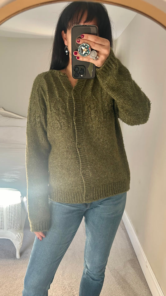 Woolovers olive khaki green knitted cardigan jumper extra large UK 14 wool