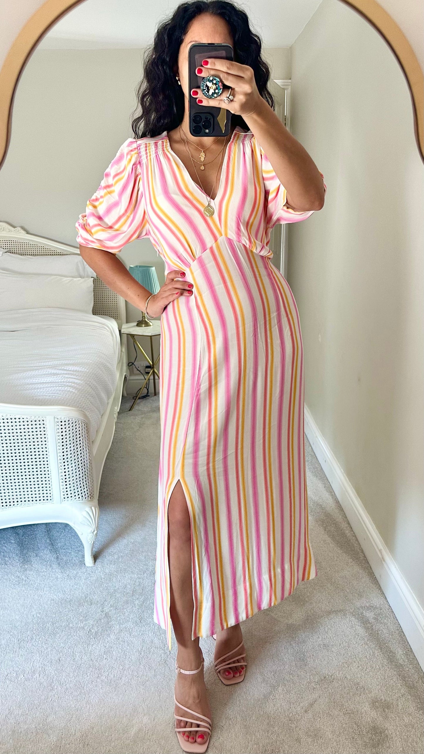 Oliver Bonas white pink orange stripe midi long wedding guest event dress medium UK 14 vgc