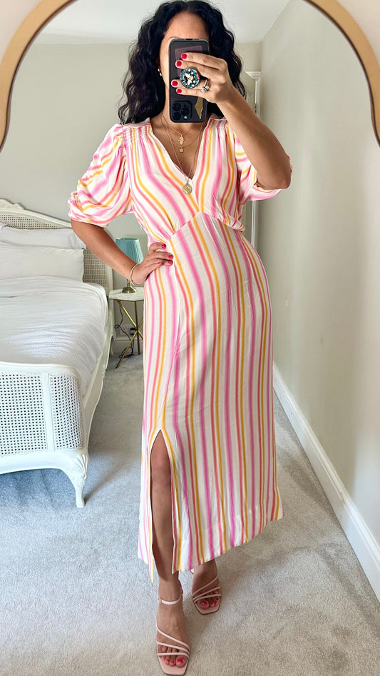 Oliver Bonas white pink orange stripe midi long wedding guest event dress medium UK 14 vgc