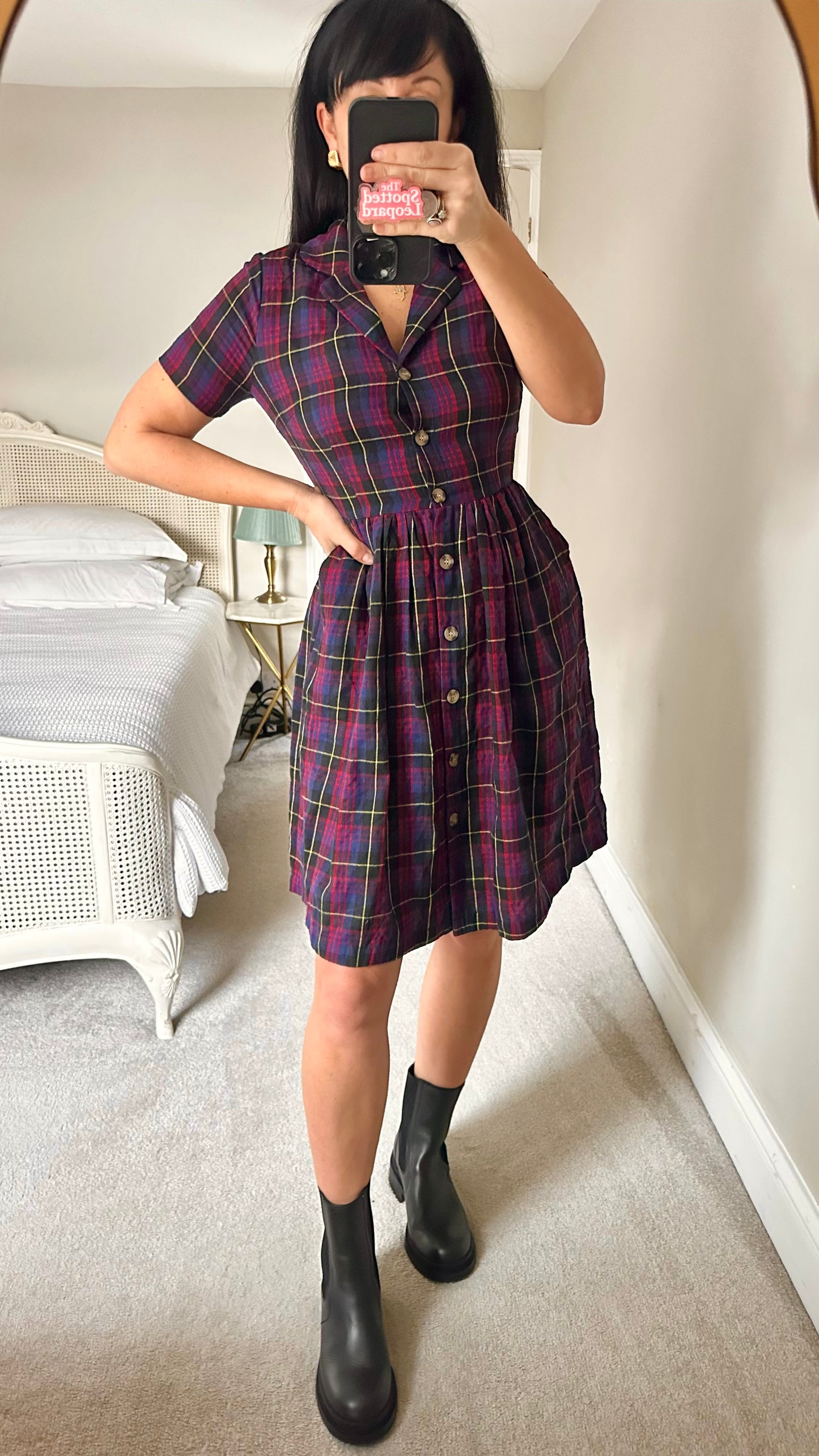Joanie red black tartan check button up casual day dress small UK 8 vgc