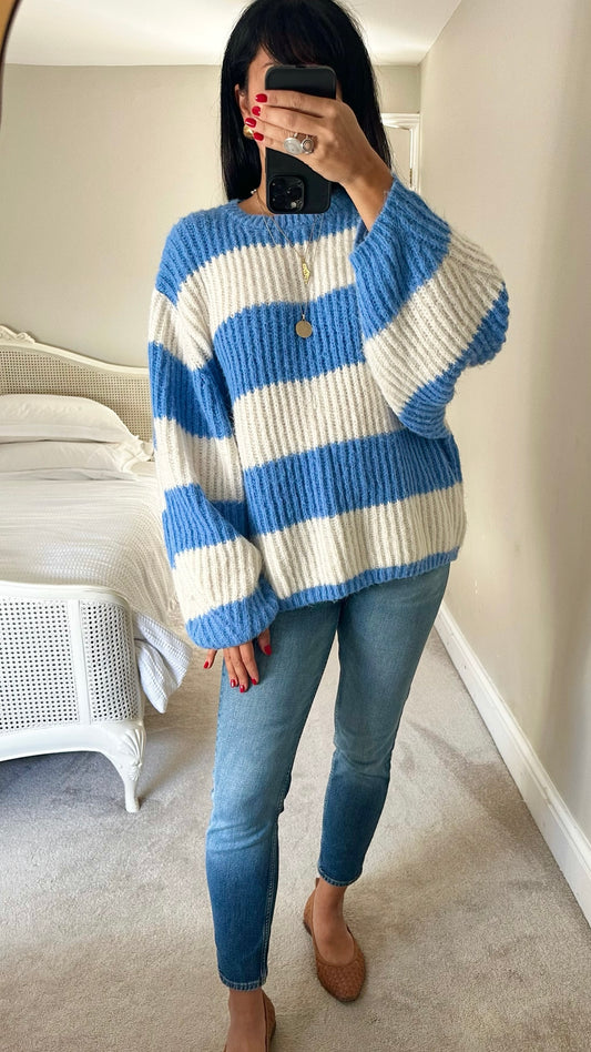 Topshop white blue stripe oversized jumper large UK 12-14 vgc