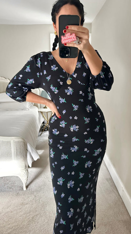 Nobody’s Child black blue lilac floral midi long dress small UK 8 jersey stretch vgc