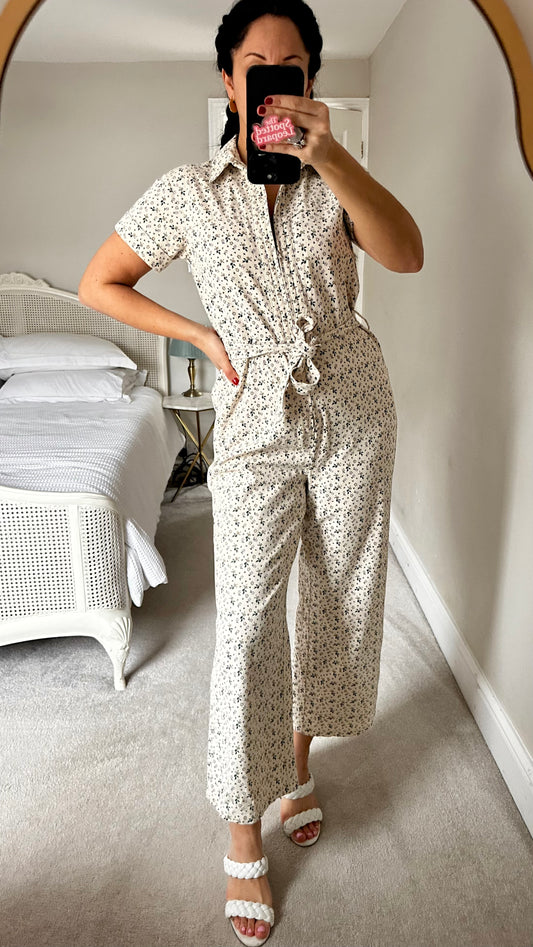 FRNCH cream pink green cotton jumpsuit trousersuit small UK 8-10 vgc