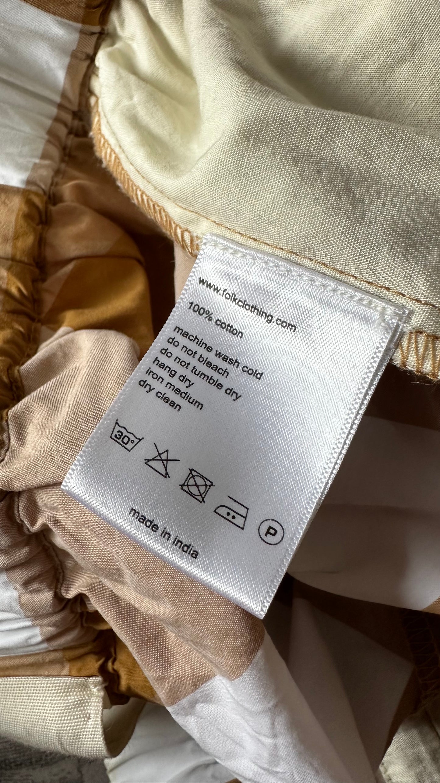 FOLK brown beige white gingham co ord shorts shirt set vgc