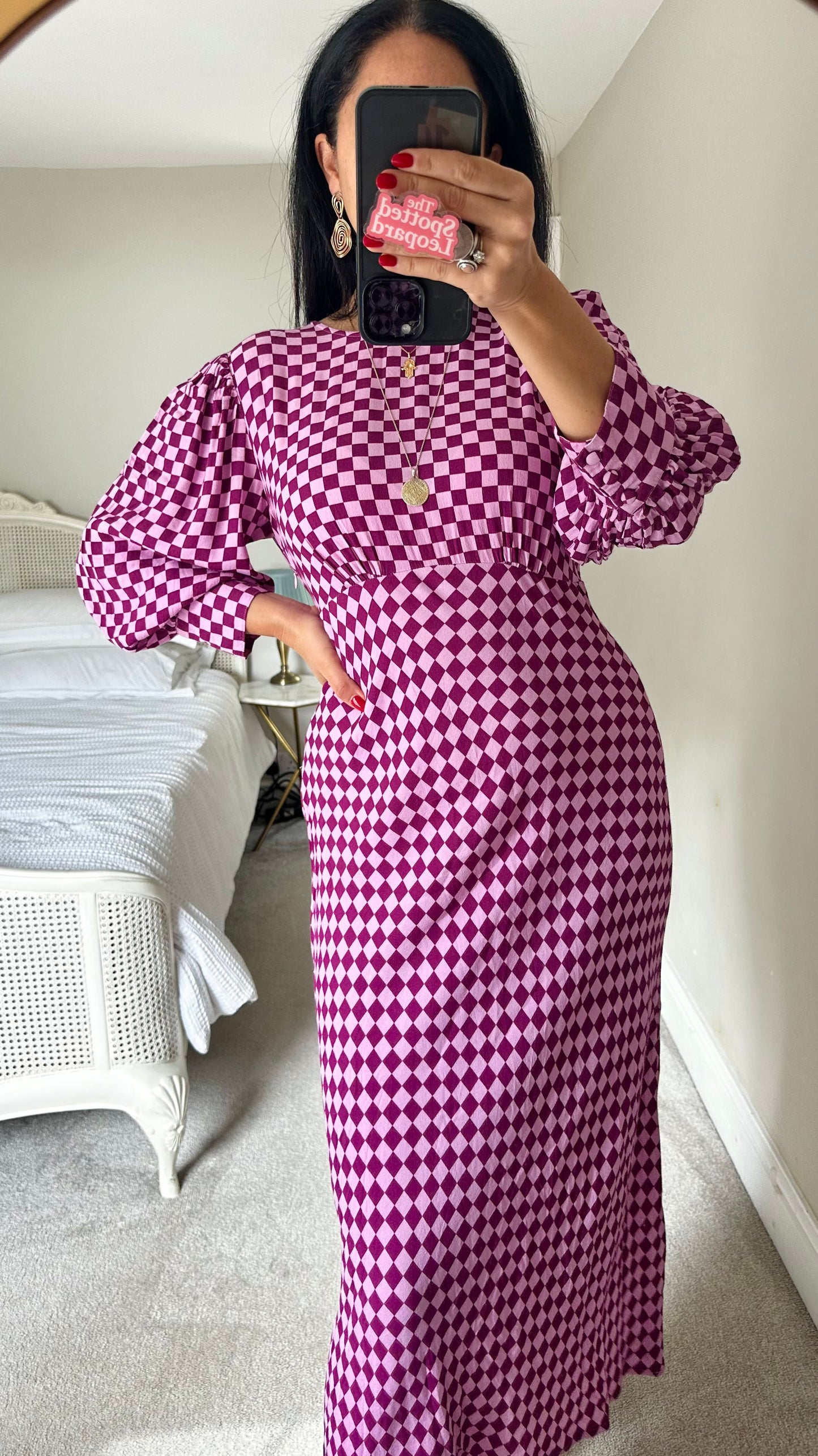 Ghost lilac purple check gingham chequered midi long dress event wedding small UK 8-10 vgc
