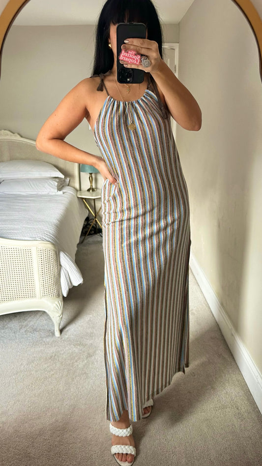 Zara light blue gold holiday long maxi shift dress small UK 8-10 vgc