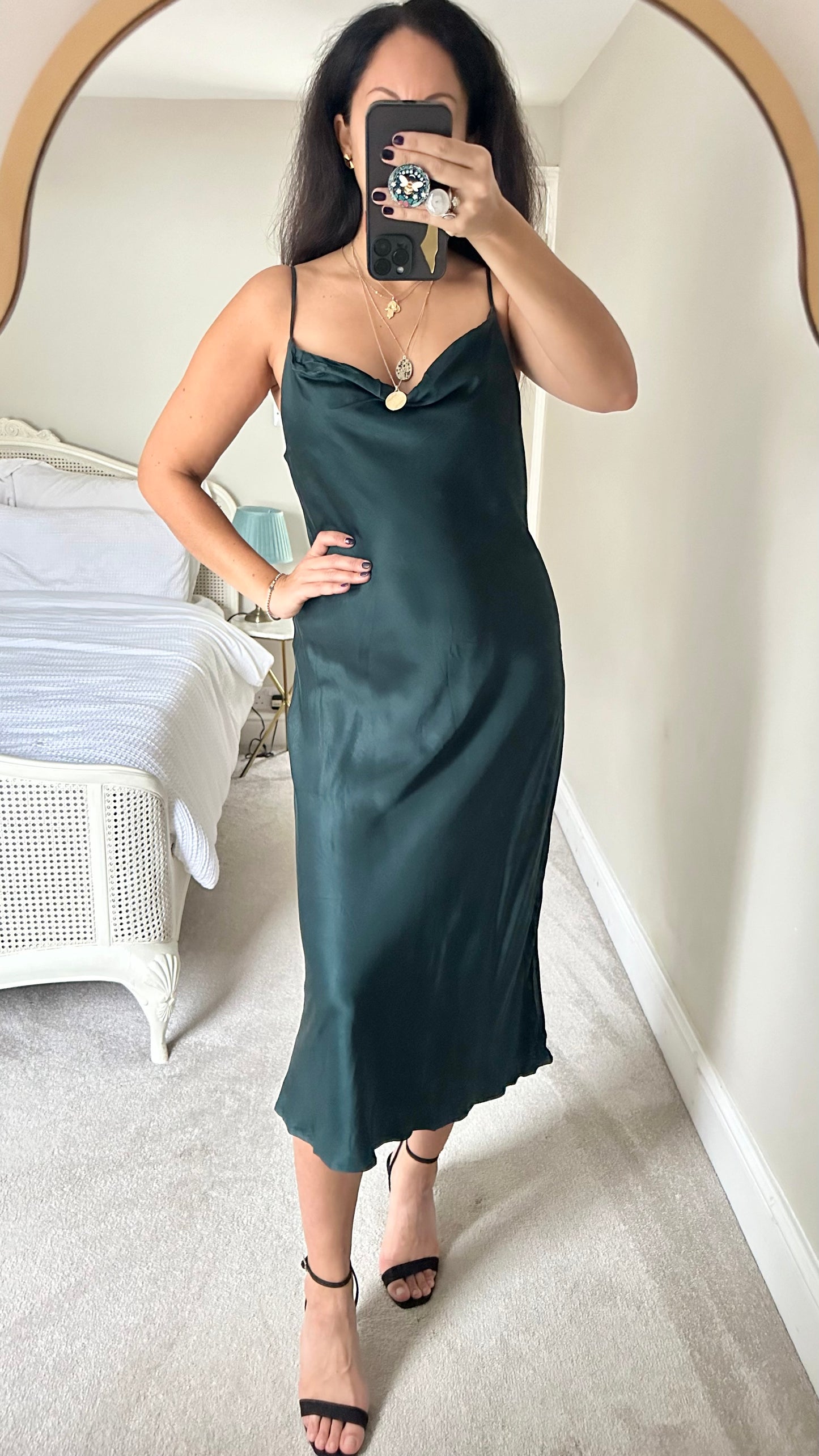 Zara deep green satin slip dress medium large UK 10 12 vgc party event