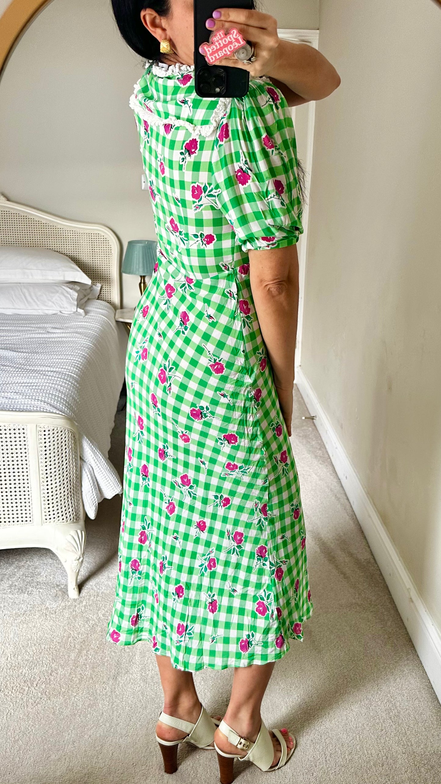 RIXO green white pink gingham check long event dress midi long small UK 8 vgc