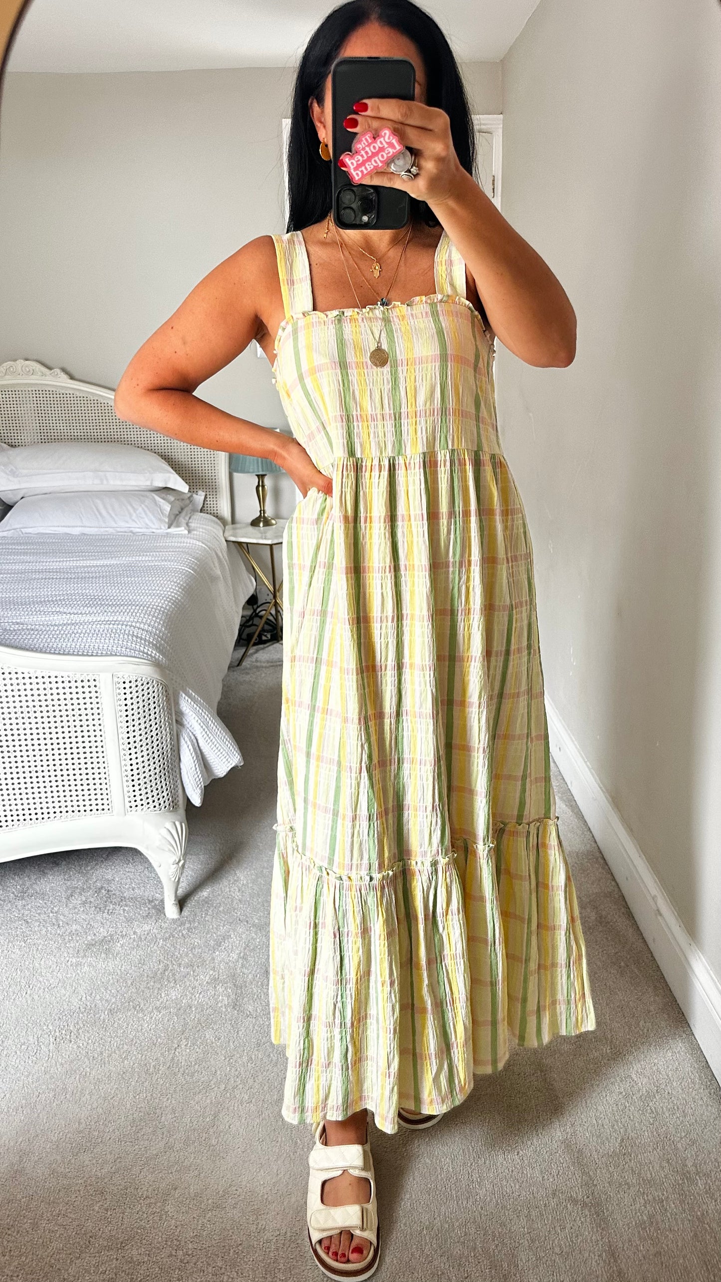 Feather & Bone @ Anthropologie yellow green gingham check midi long sundress cotton medium UK 12 14