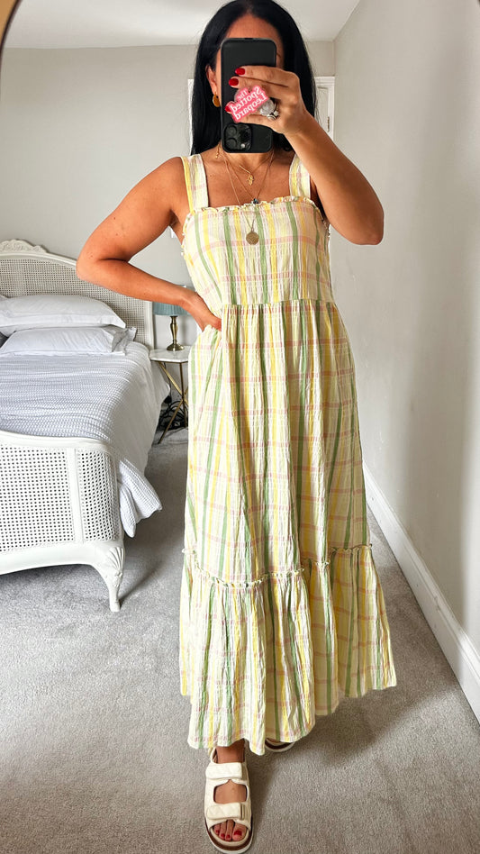 Feather & Bone @ Anthropologie yellow green gingham check midi long sundress cotton medium UK 12 14