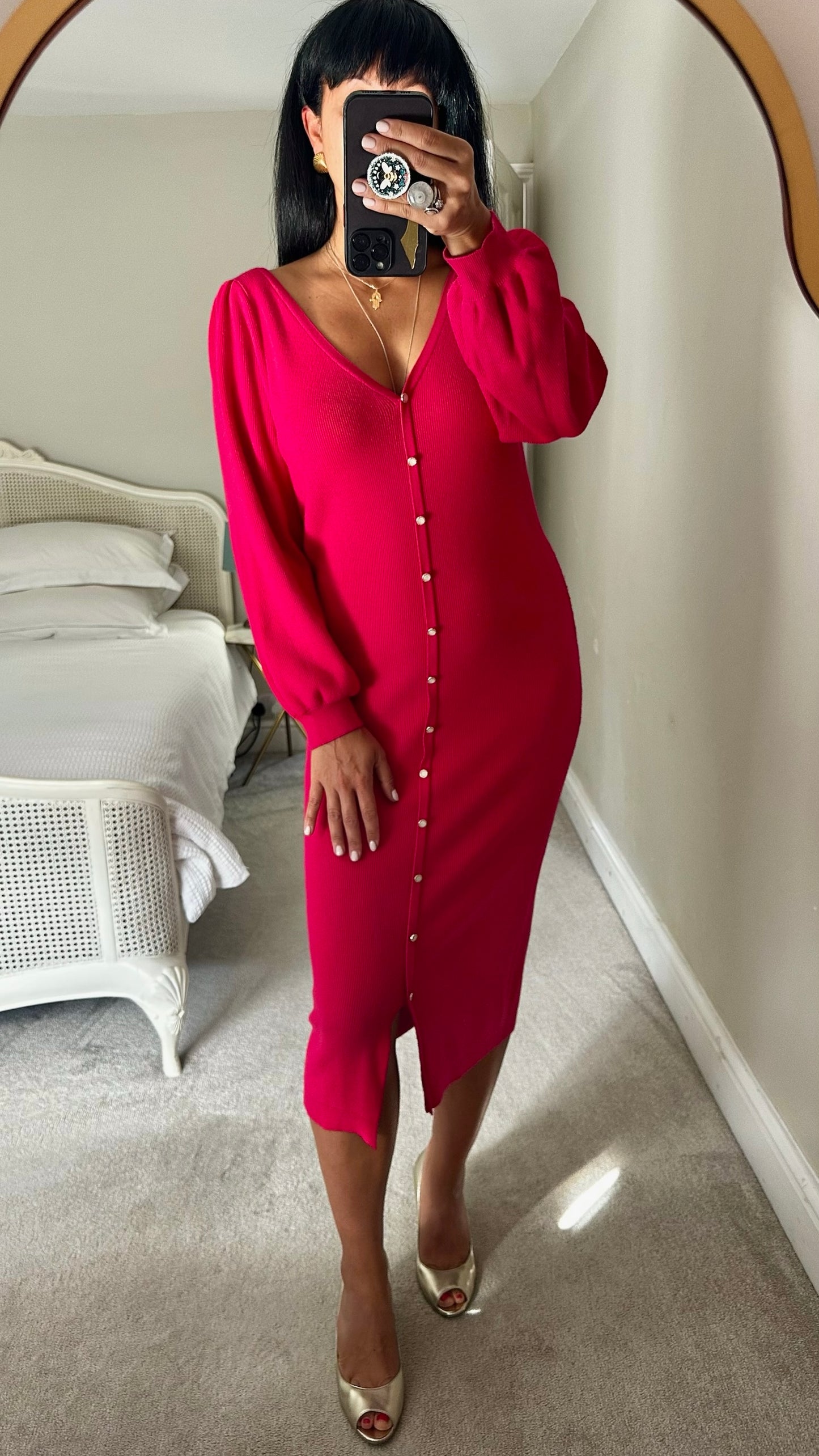 Oliver bonas fuchsia pink burgundy knitted button up midi jumper dress large L UK 12 excellent used condition