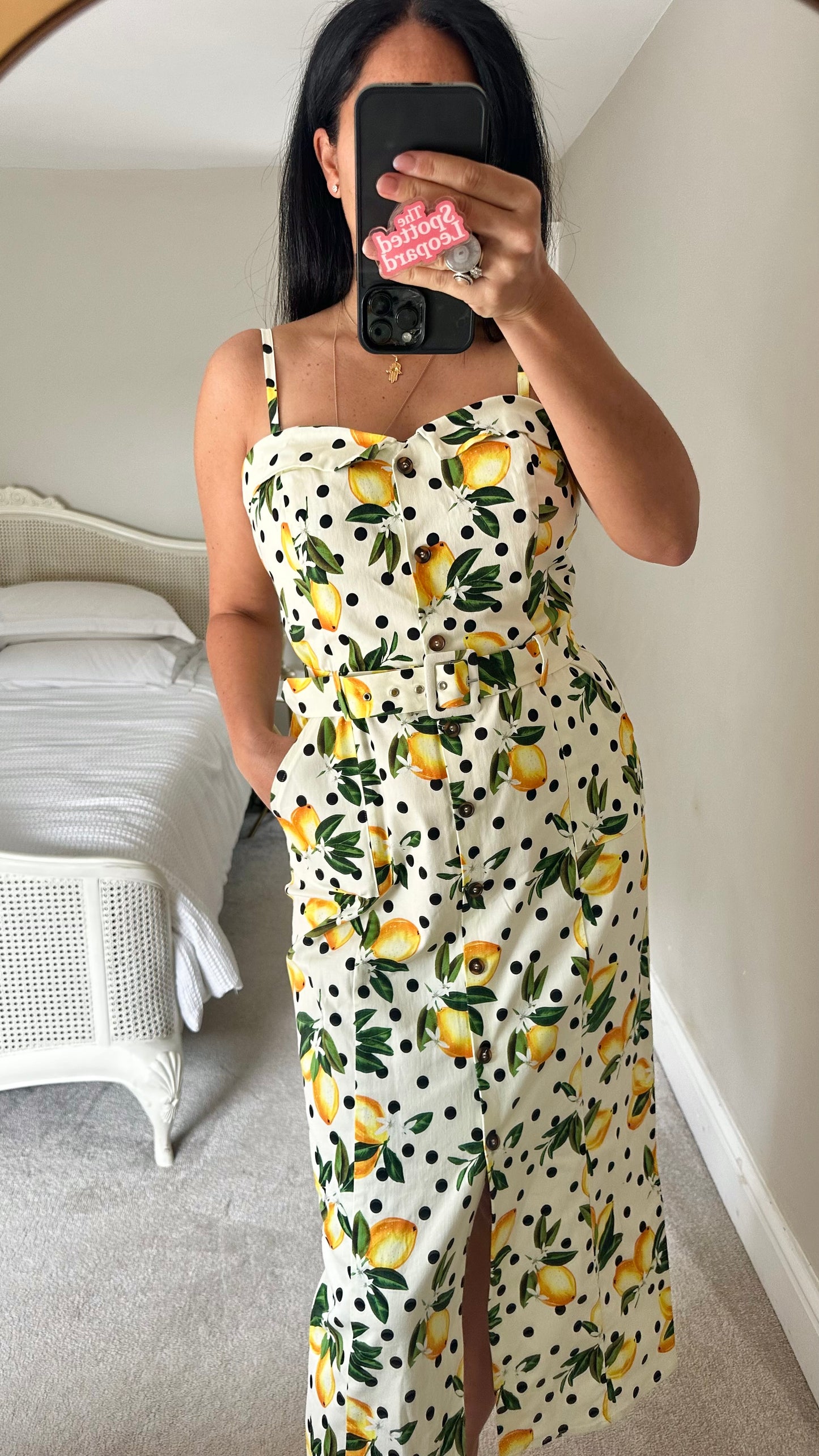 Oasis lemon print polka dot button up event dress wedding guest medium UK 14 new