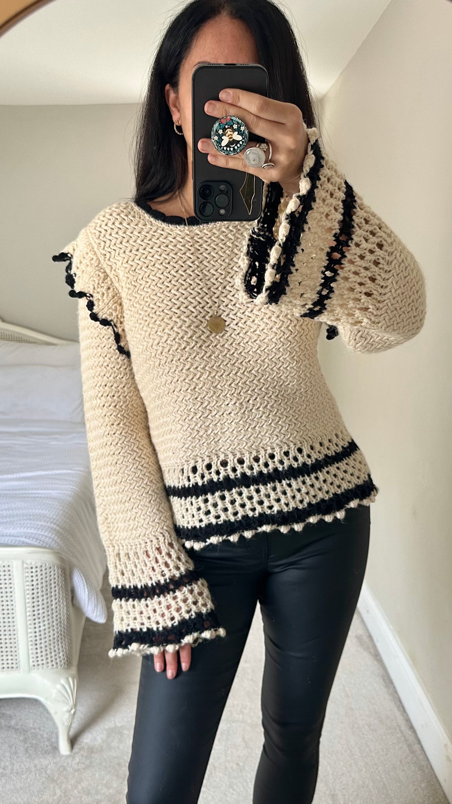 Mango cream black wool blend crochet knitted jumper extra large UK 12-14