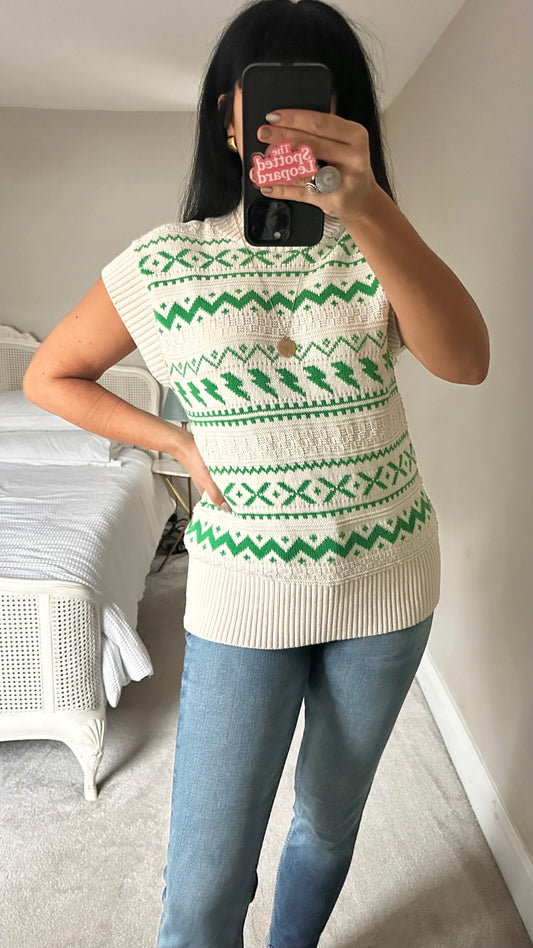 KITRI cream green lightening bold fair-isle knitted jumper tunic top small UK 8-10 vgc