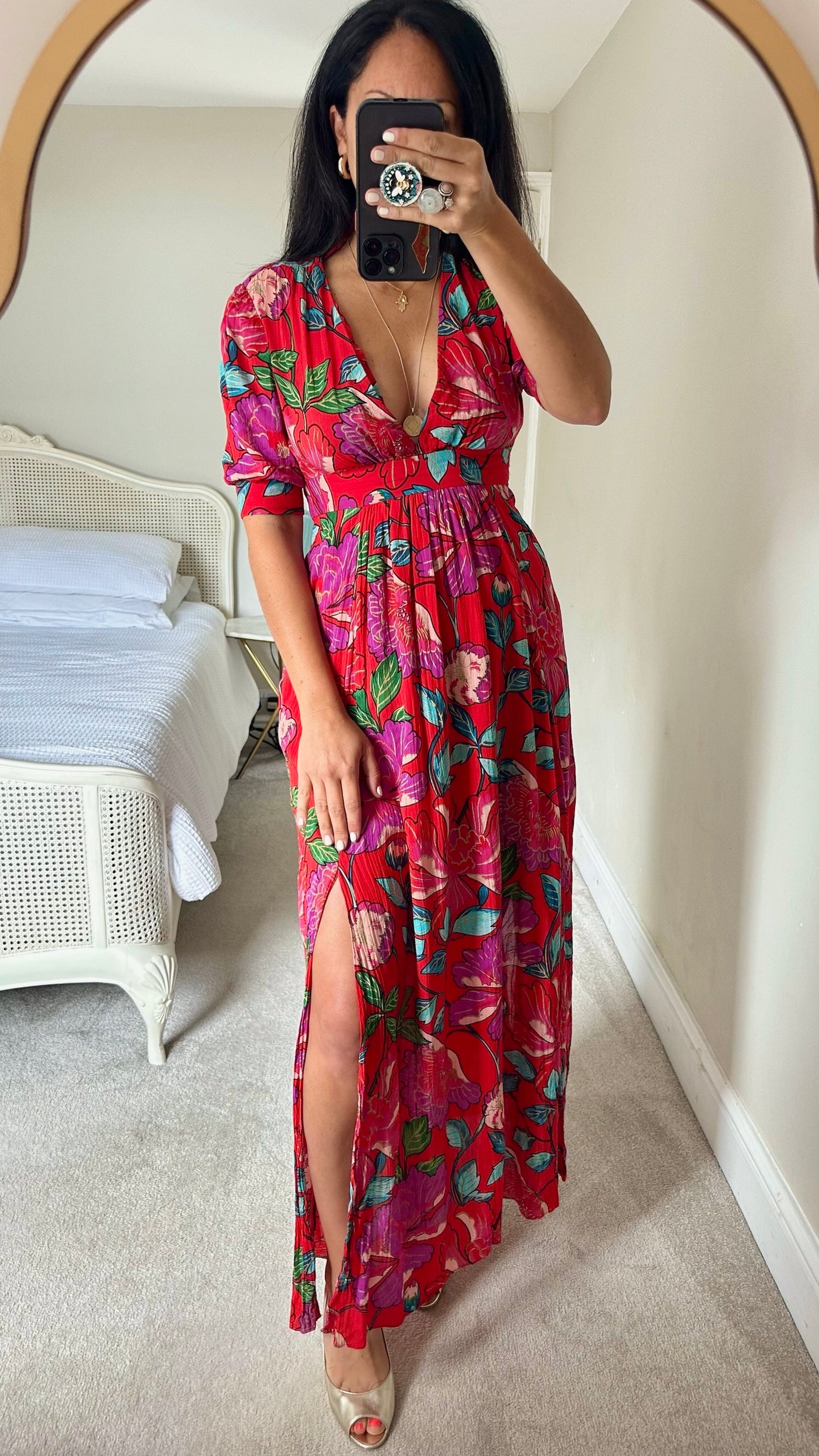 & other stories red double split tropical print maxi occasion dress small medium UK 8-10 vgc