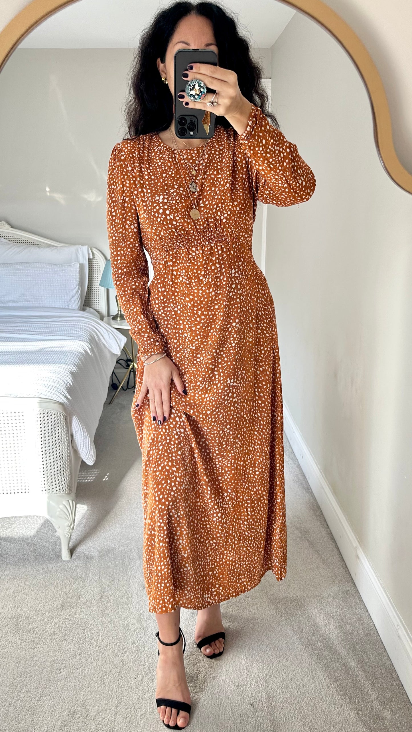 Mango orange white polka dot smudge maxi midi long dress large UK 12 vgc