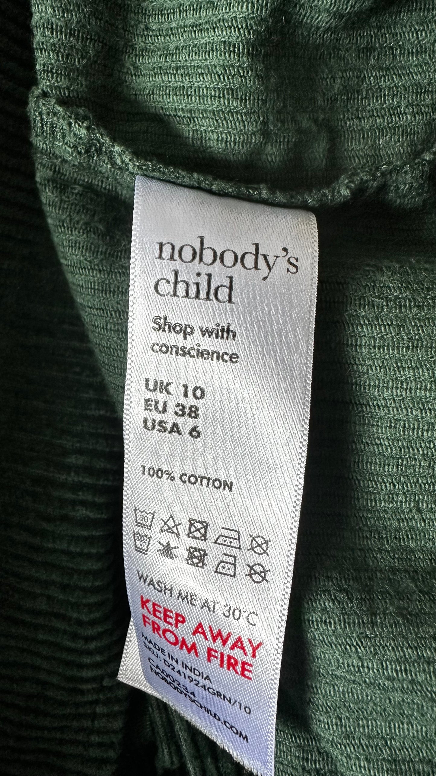 Nobody’s Child forest green corduroy mini button up dress small UK 10 vgc