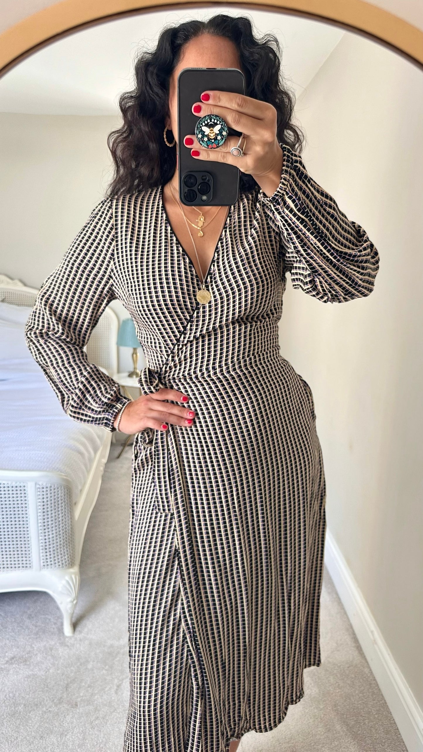 Second Female black and white check stripe office wrap midi dress small S UK 8 10