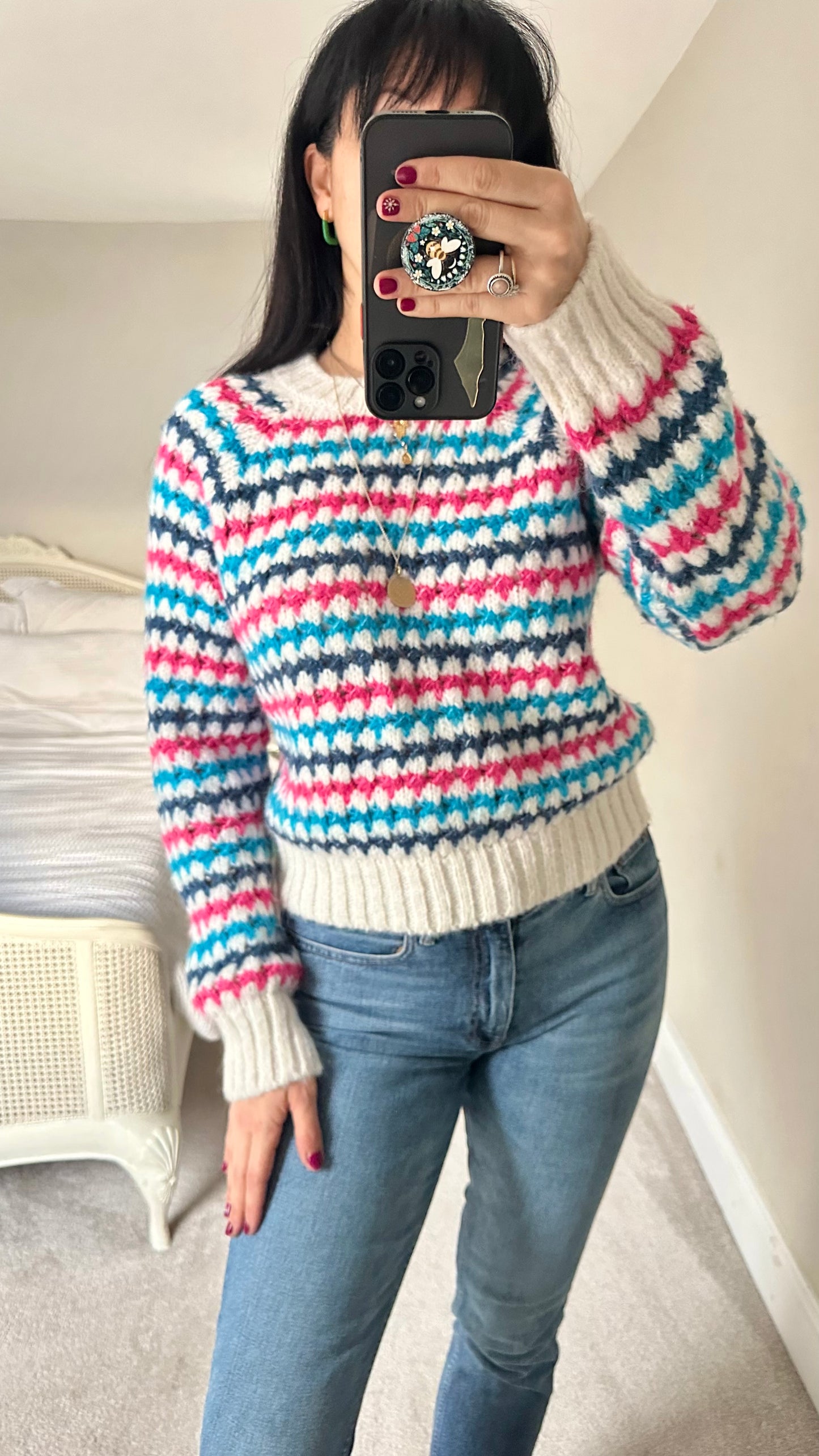 Zara pink white blue knitted jumper small medium UK 8 10 vgc