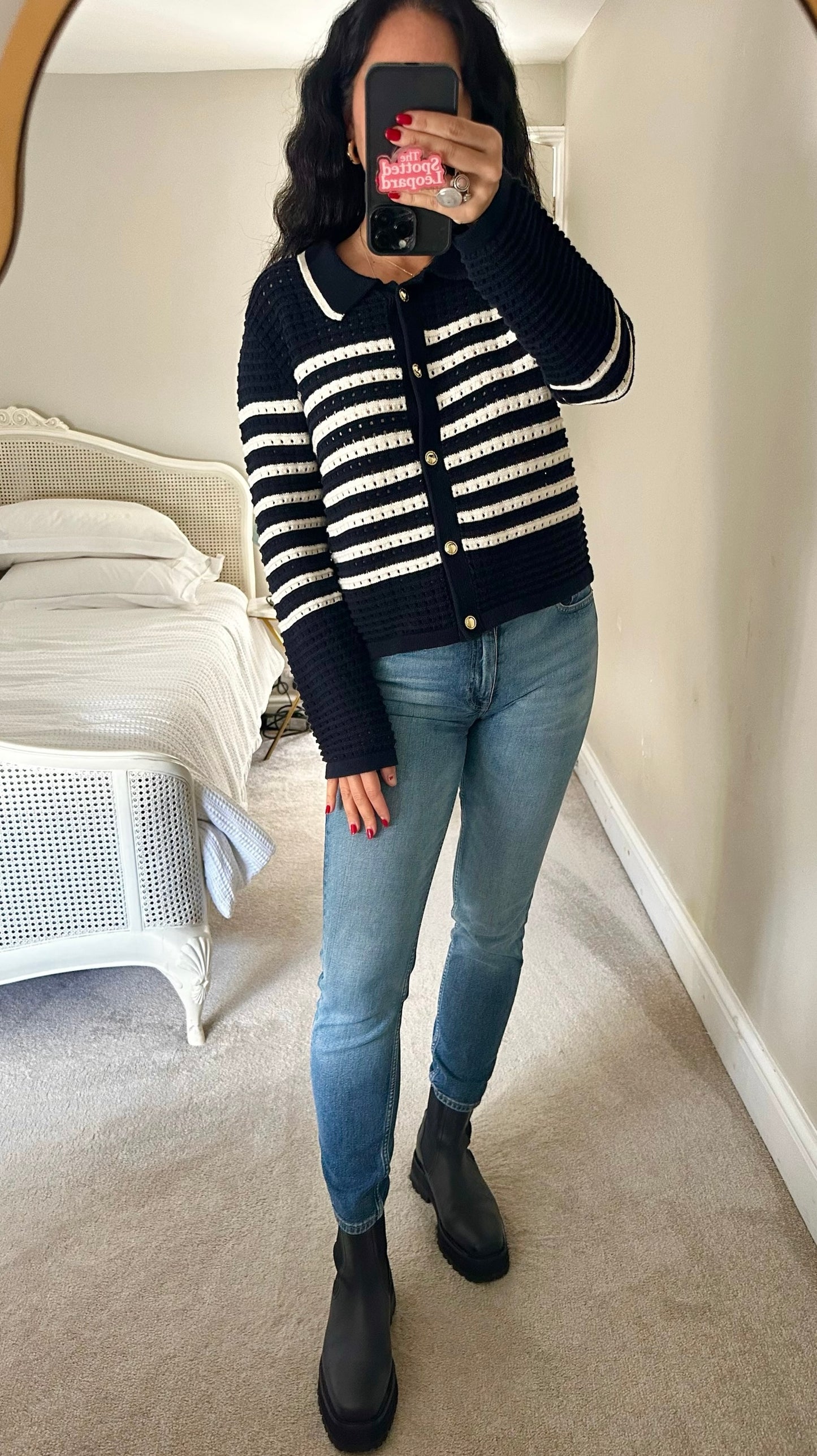 Anthropologie navy blue white stripe crochet knitted cardigan extra large UK 14 vgc XMS25