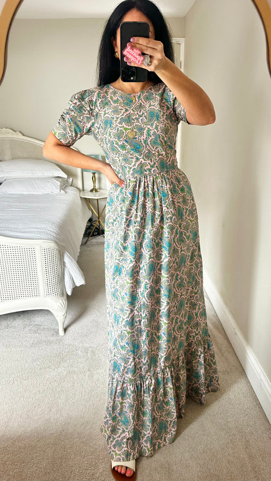 Baum und Pferdgarten Green pink blue paisley gingham maxi long dress small UK 8-10 vgc