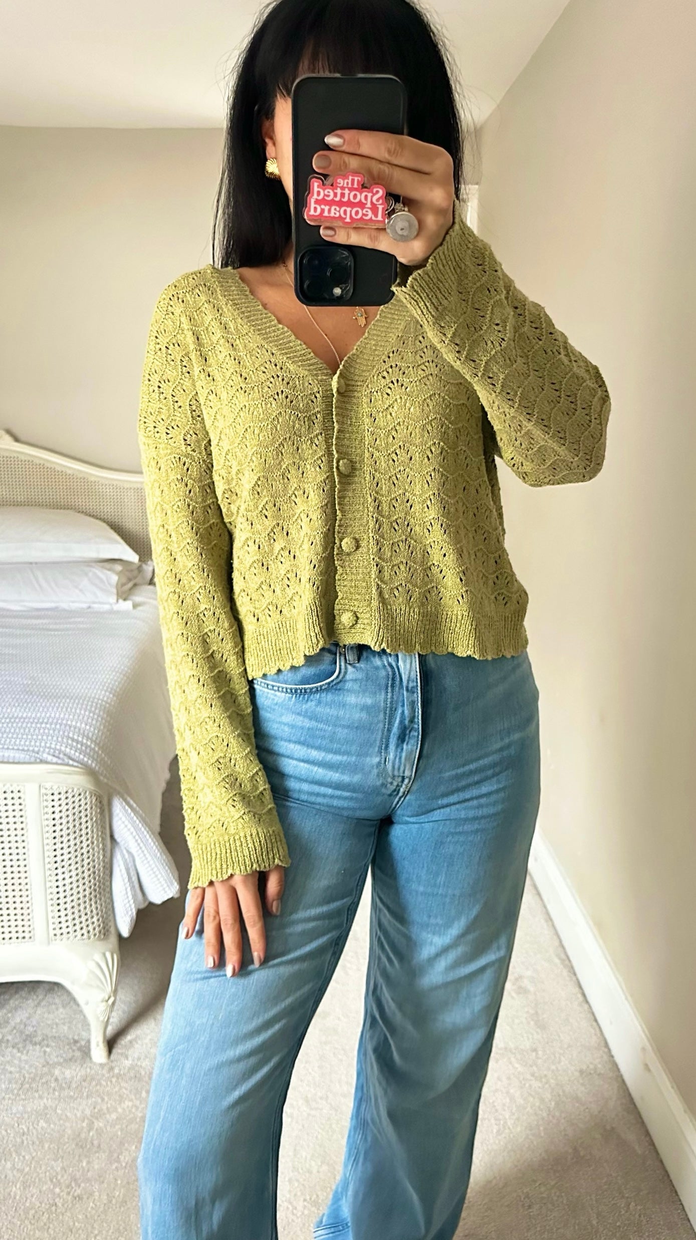 Anthropologie olive khaki green crochet knitted cardigan jumper small UK 8-10-12 vgc