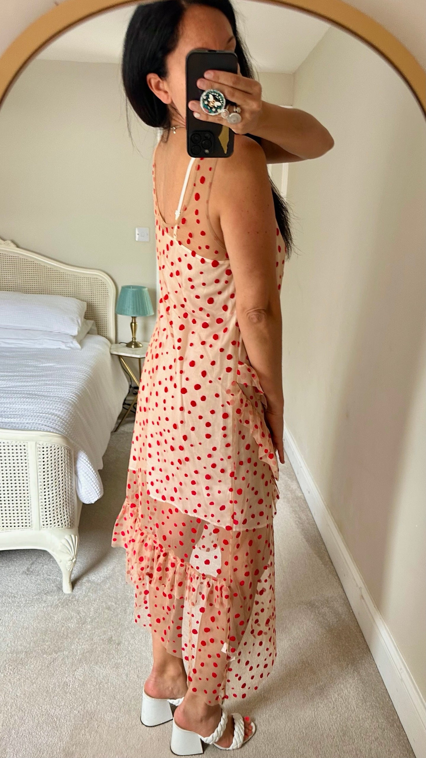 Zara beige red polka dot shift dress medium UK 12 vgc