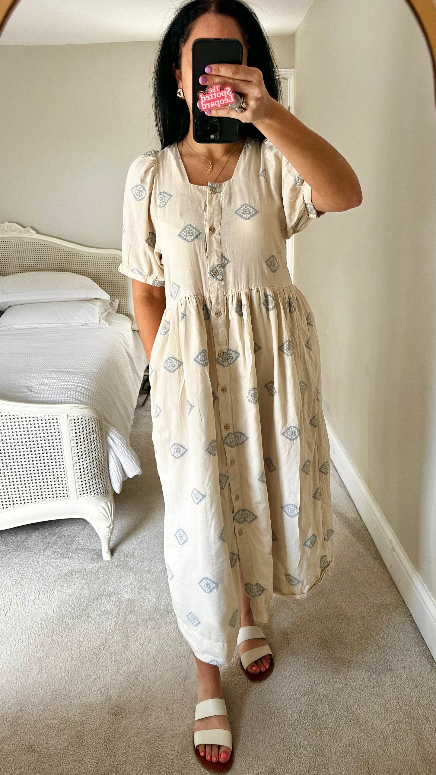 FOLK cream blue Aztec print midi button up dress long UK 12 vgc