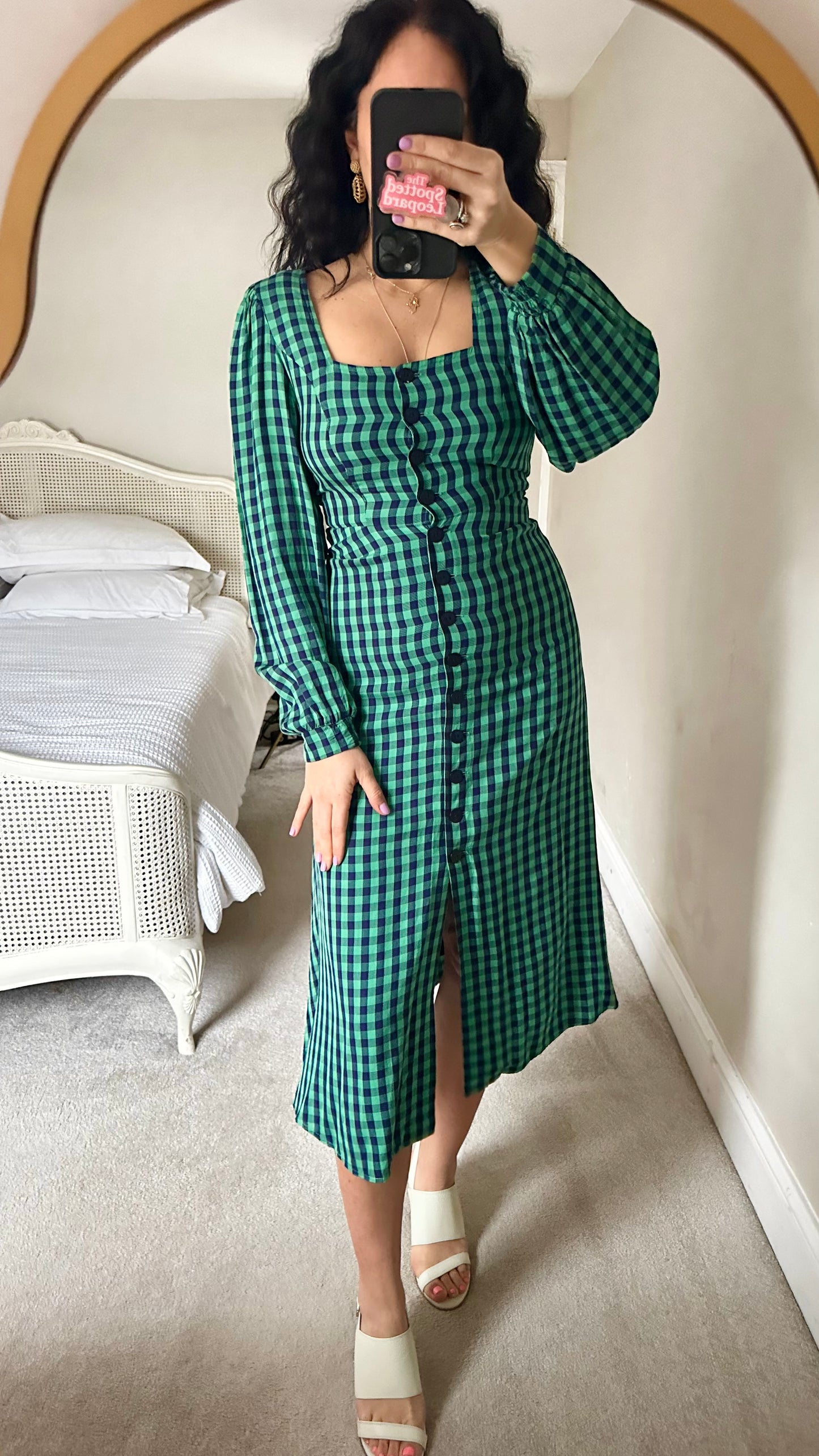 Kitri Green green gingham check button up midi dress small UK 8 vgc