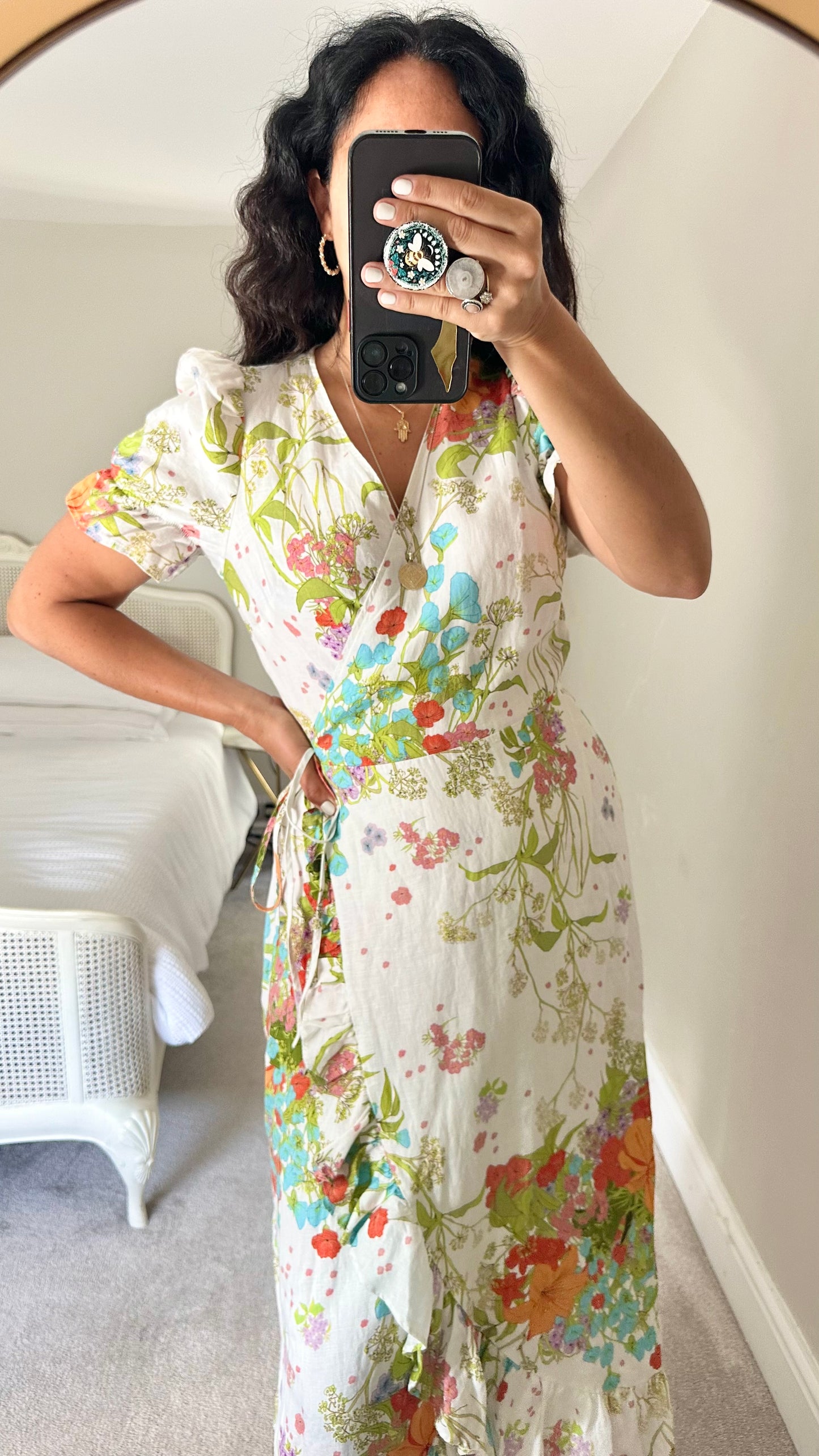 & other stories white green orange red linen wrap midi dress large event UK 12-14 vgc