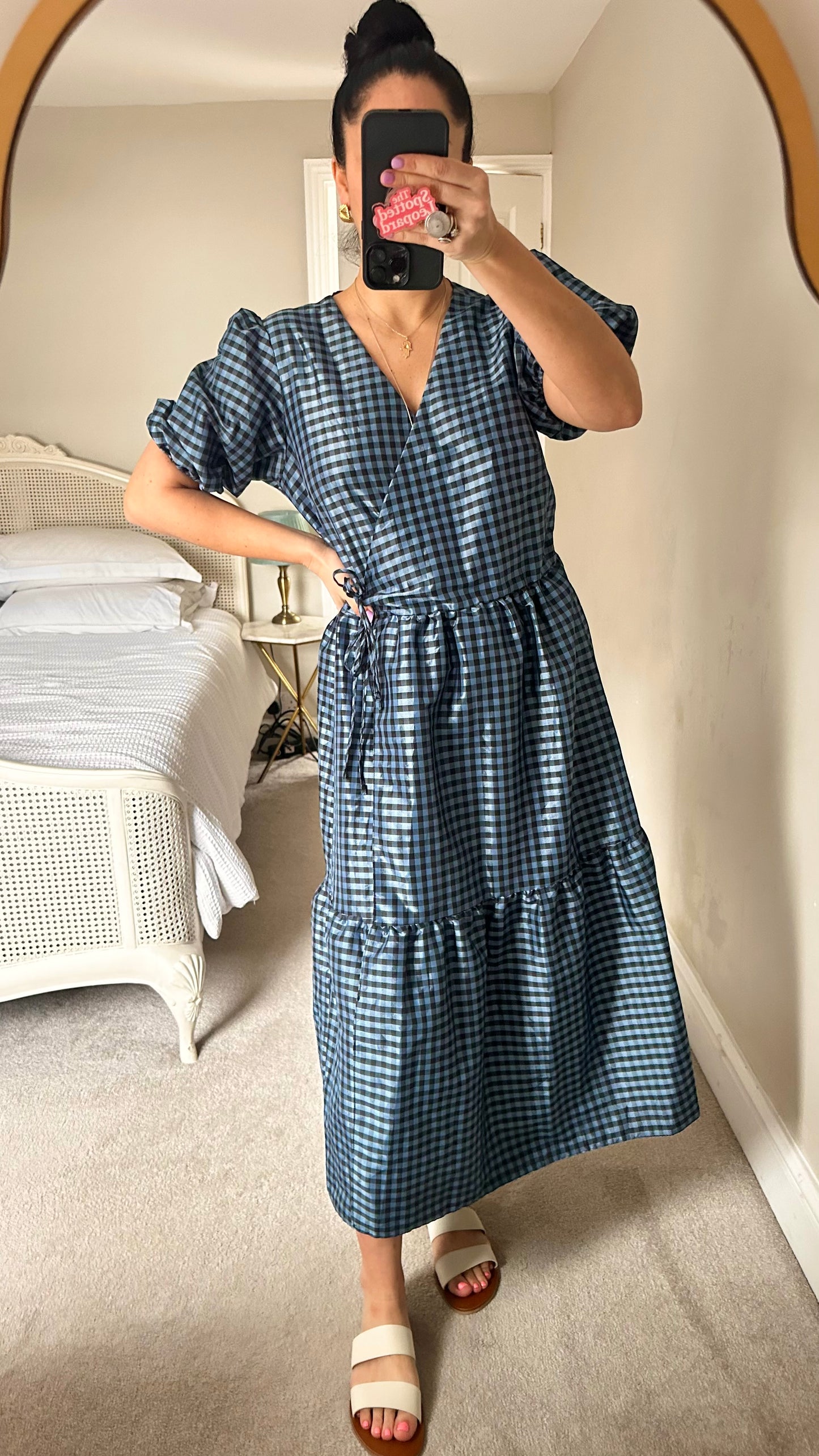Nobody’s Child navy blue black wrap midi dress tiered gingham check medium UK 14 vgc
