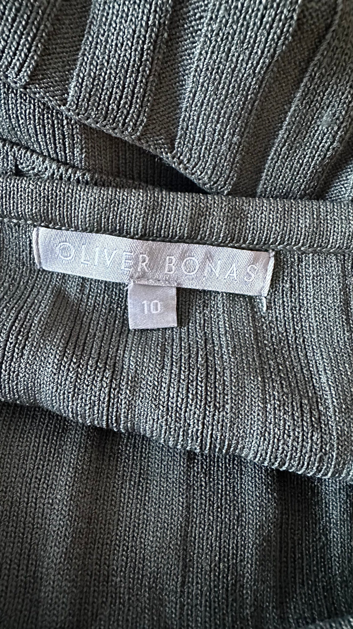Oliver Bonas Olive khaki green ribbed stretch midi dress small medium UK 10-12 vgc