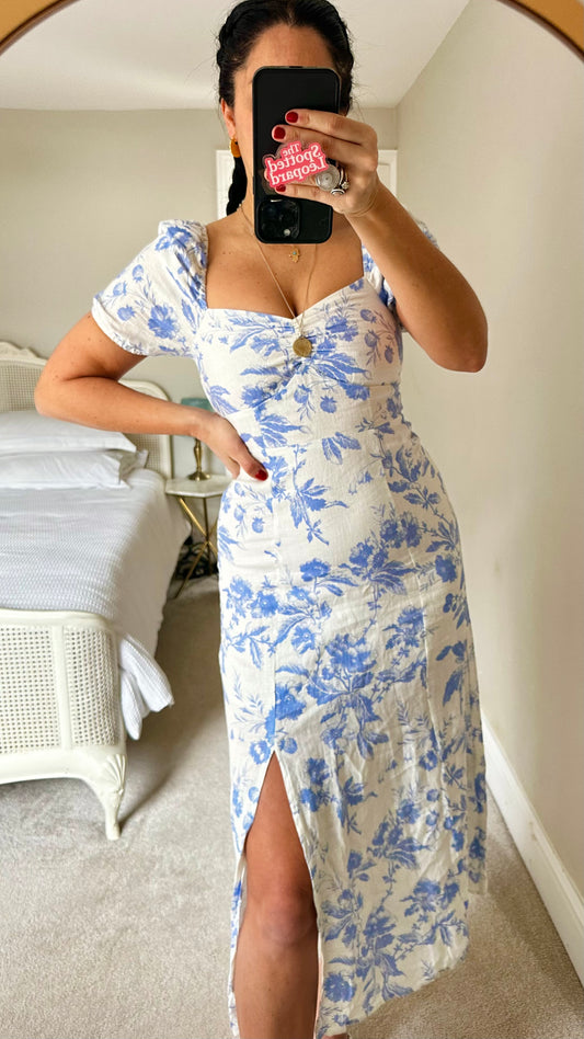 & other stories white blue floral side split midi long wedding guest dress linen extra small UK 6 10