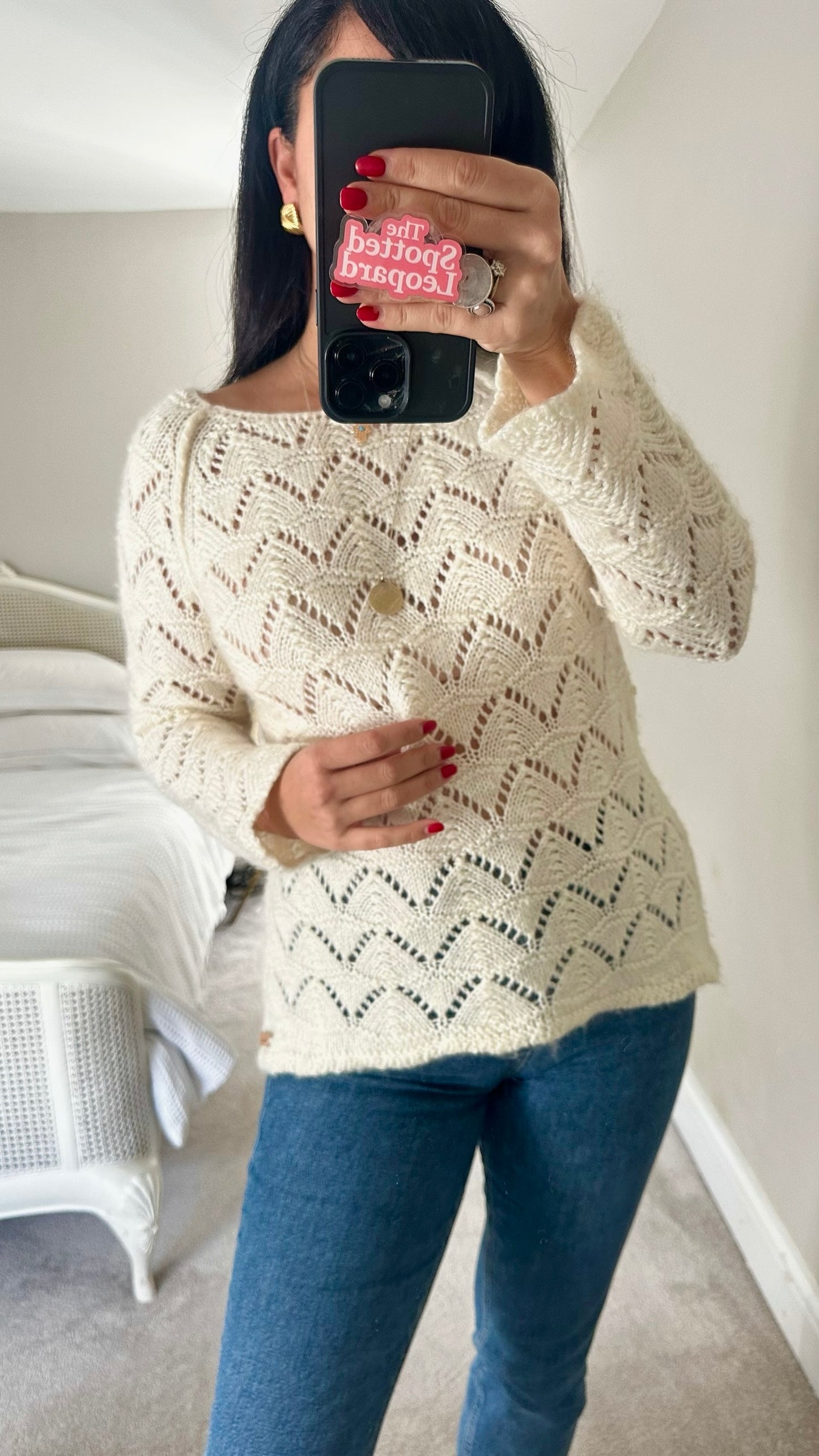 Weird fish cream white mohair wool blend crochet knit jumper UK 12 vgc XMS25