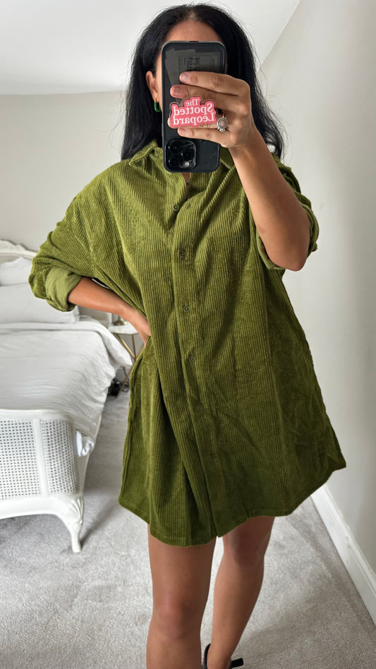 Lucy & Yak olive green corduroy button up oversized dress small UK 10 12 bnwt new