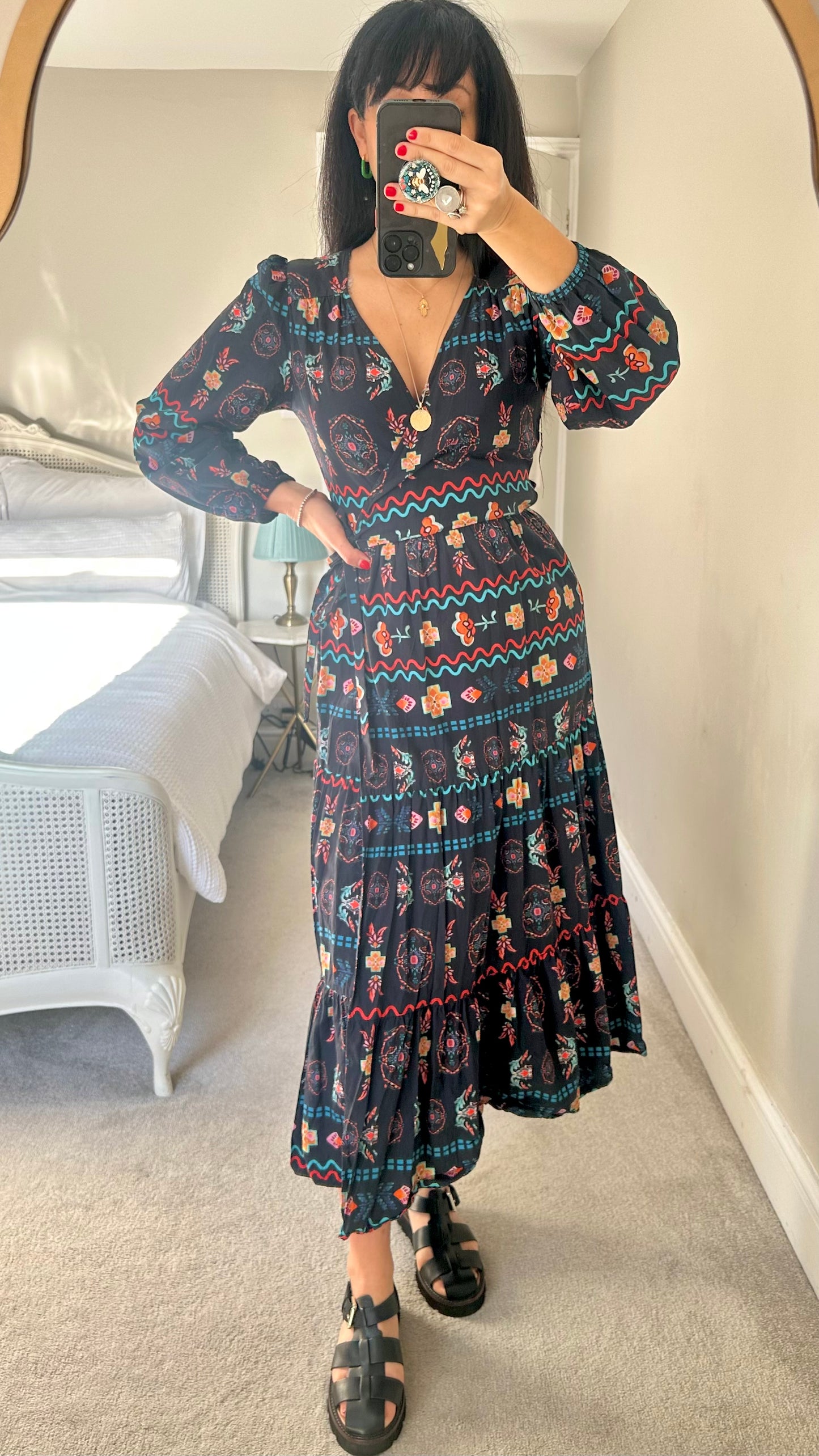 Never Fully Dressed black orange wrap midi long dress large UK 12 vgc