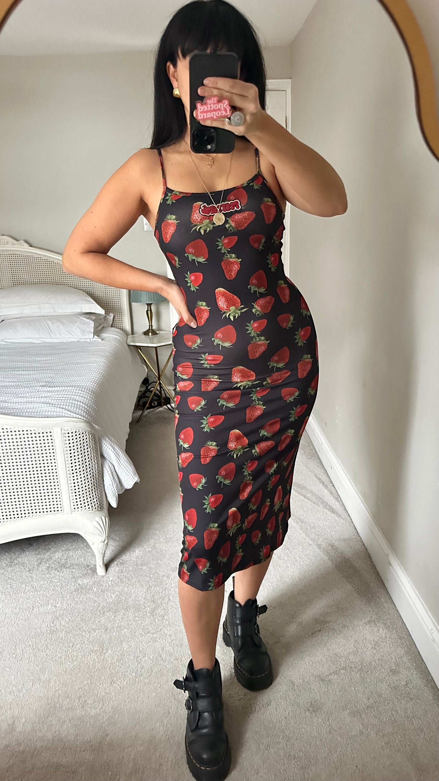 MINGA London @ Urban Outfitters black red strawberry fruit print midi slip dress small UK 8 new bnwt