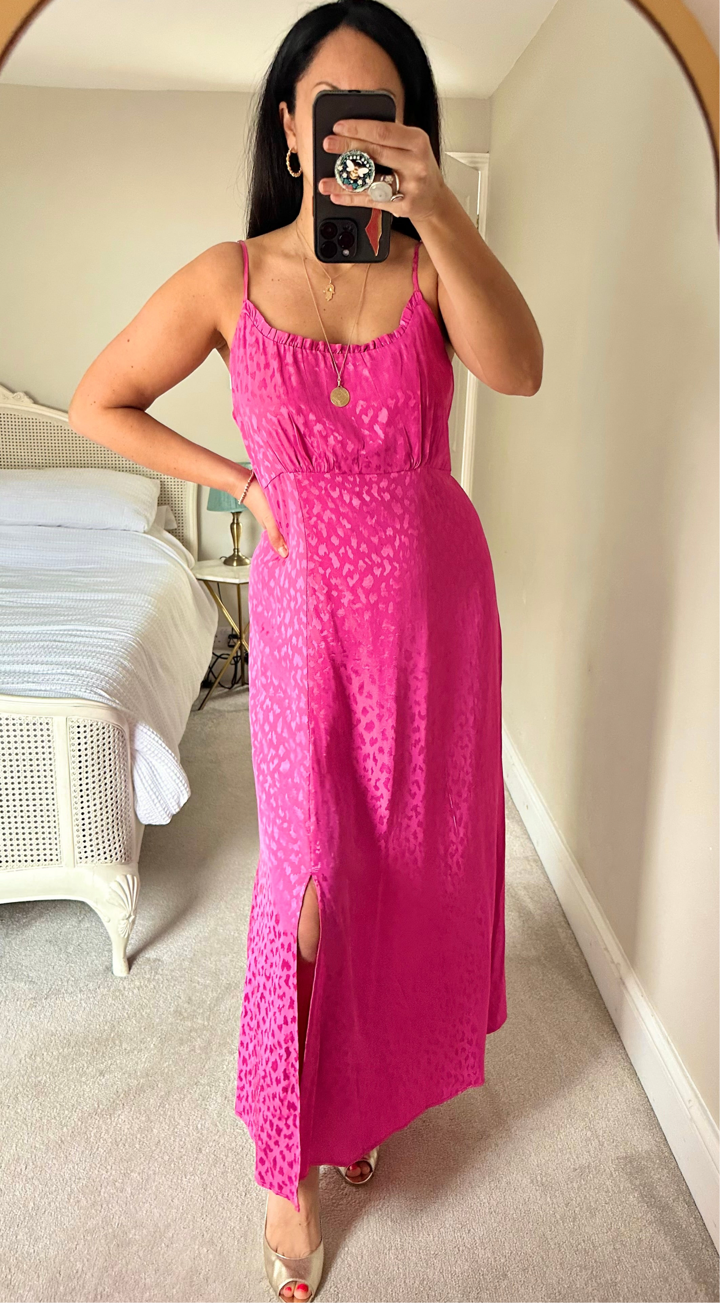 Oliver Bonas pink animal leopard print maxi midi side split dress large UK 14 vgc