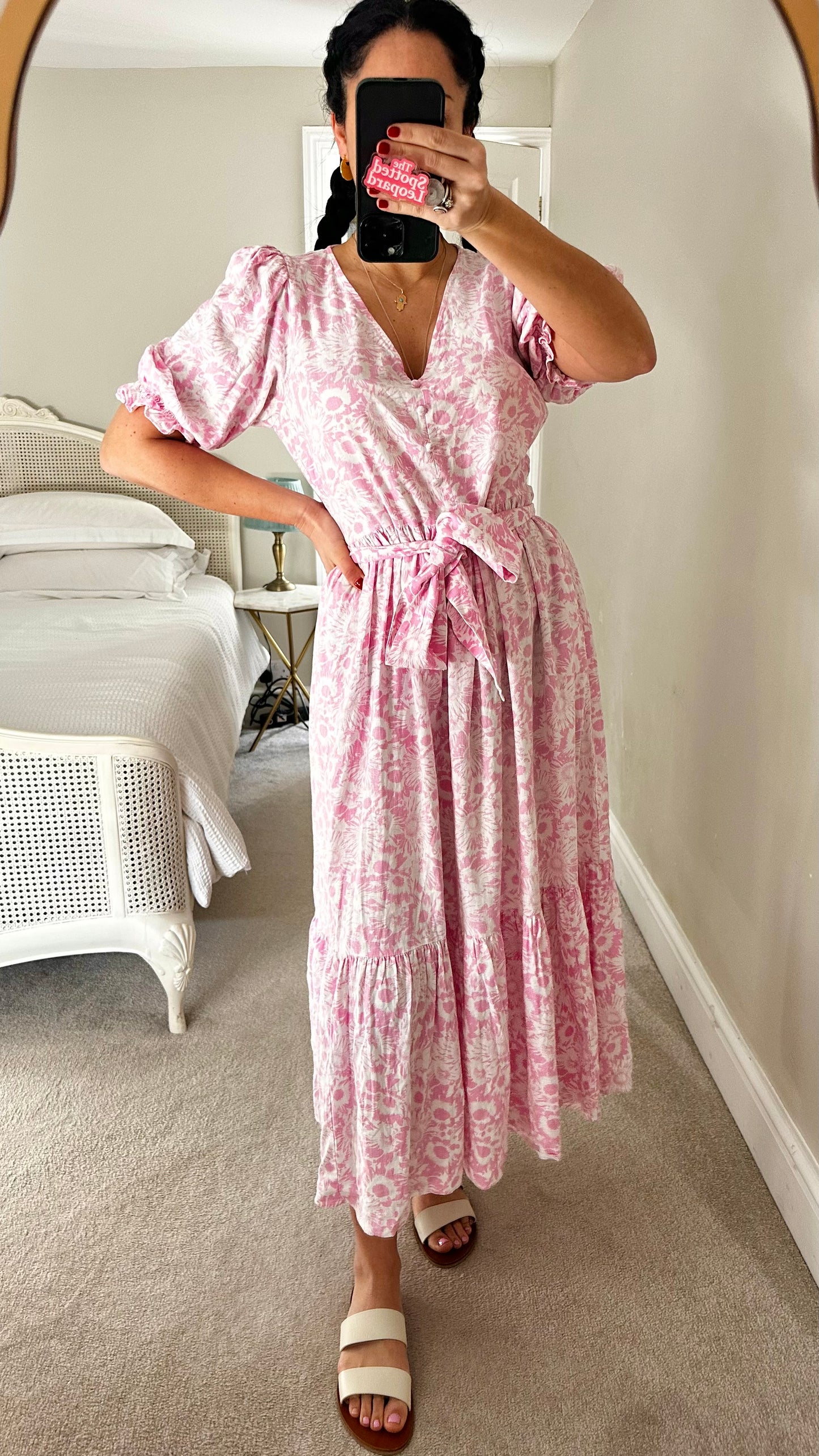 Oliver Bonas rose light pink white floral linen blend button up midi long dress medium UK 12 vgc