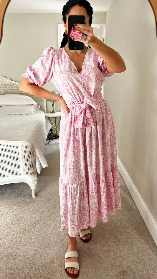 Oliver Bonas rose light pink white floral linen blend button up midi long dress medium UK 12 vgc