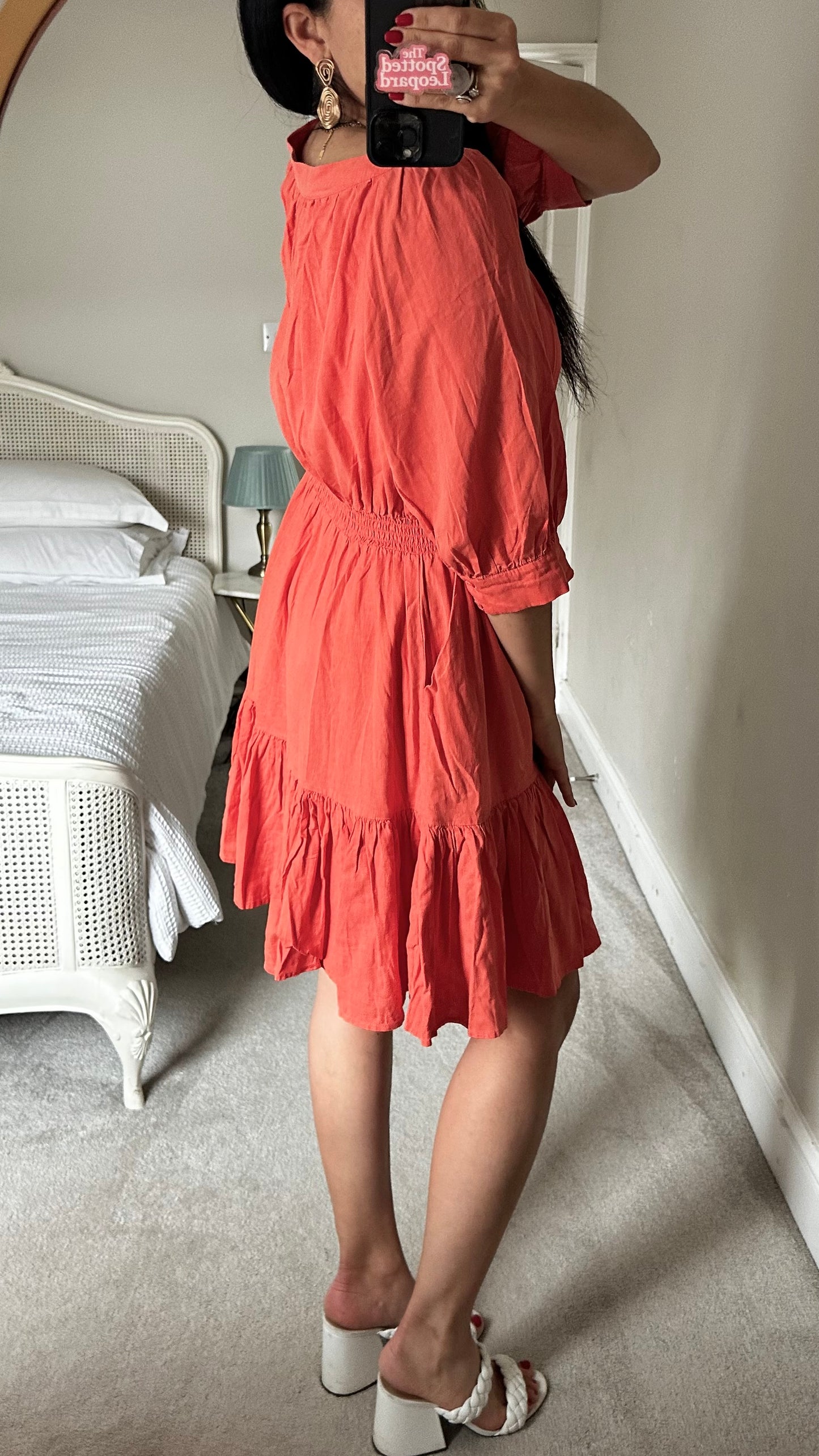 Oliver Bonas coral Orange linen blend button up mini holiday dress small medium UK 10-12 vgc