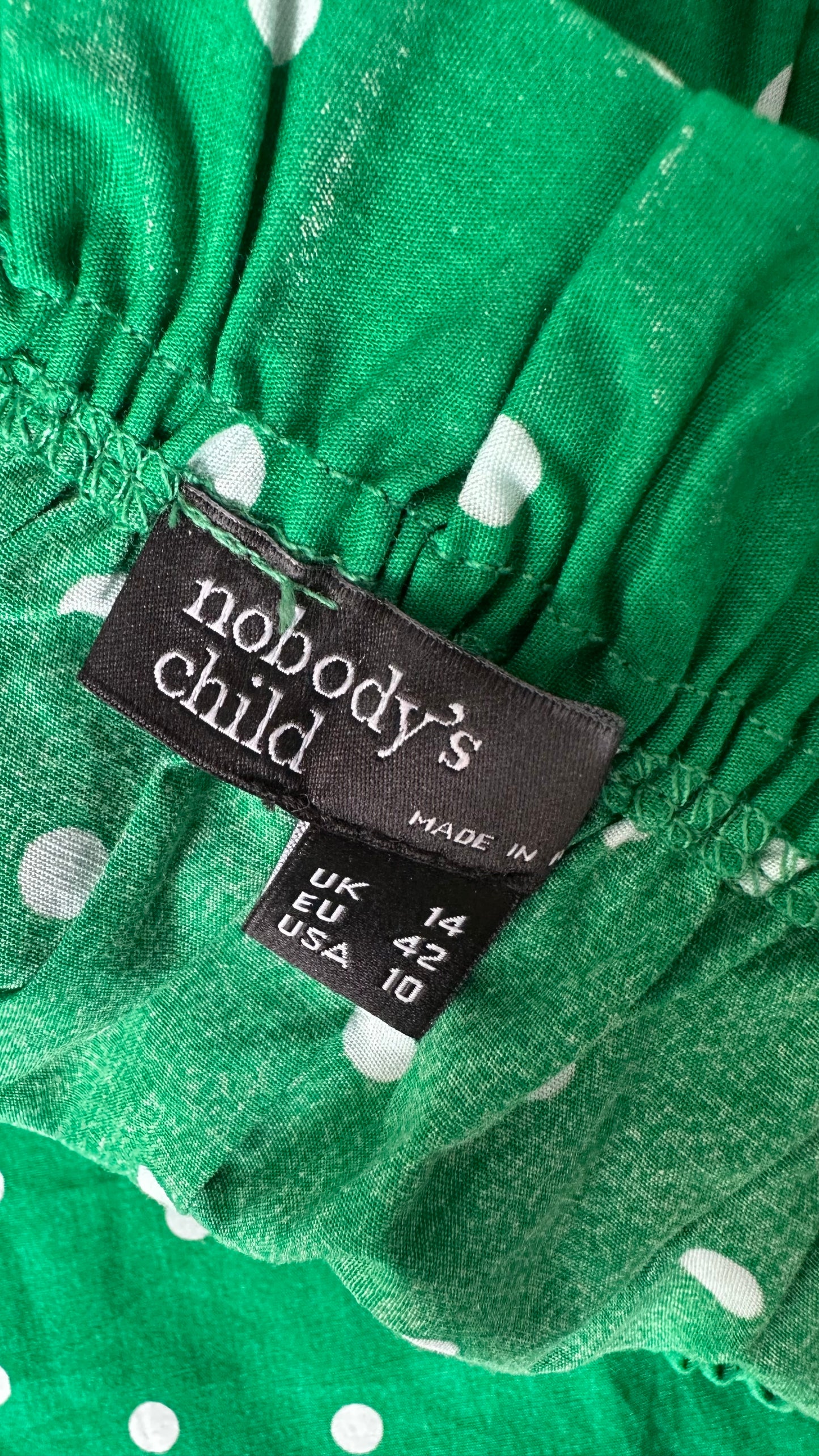 Nobody’s Child bright green white polka dot midi dress medium UK 14 vgc
