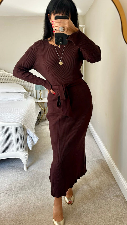 Forever new chocolate brown knitted ribbed midi jumper dress extra large XL UK 14