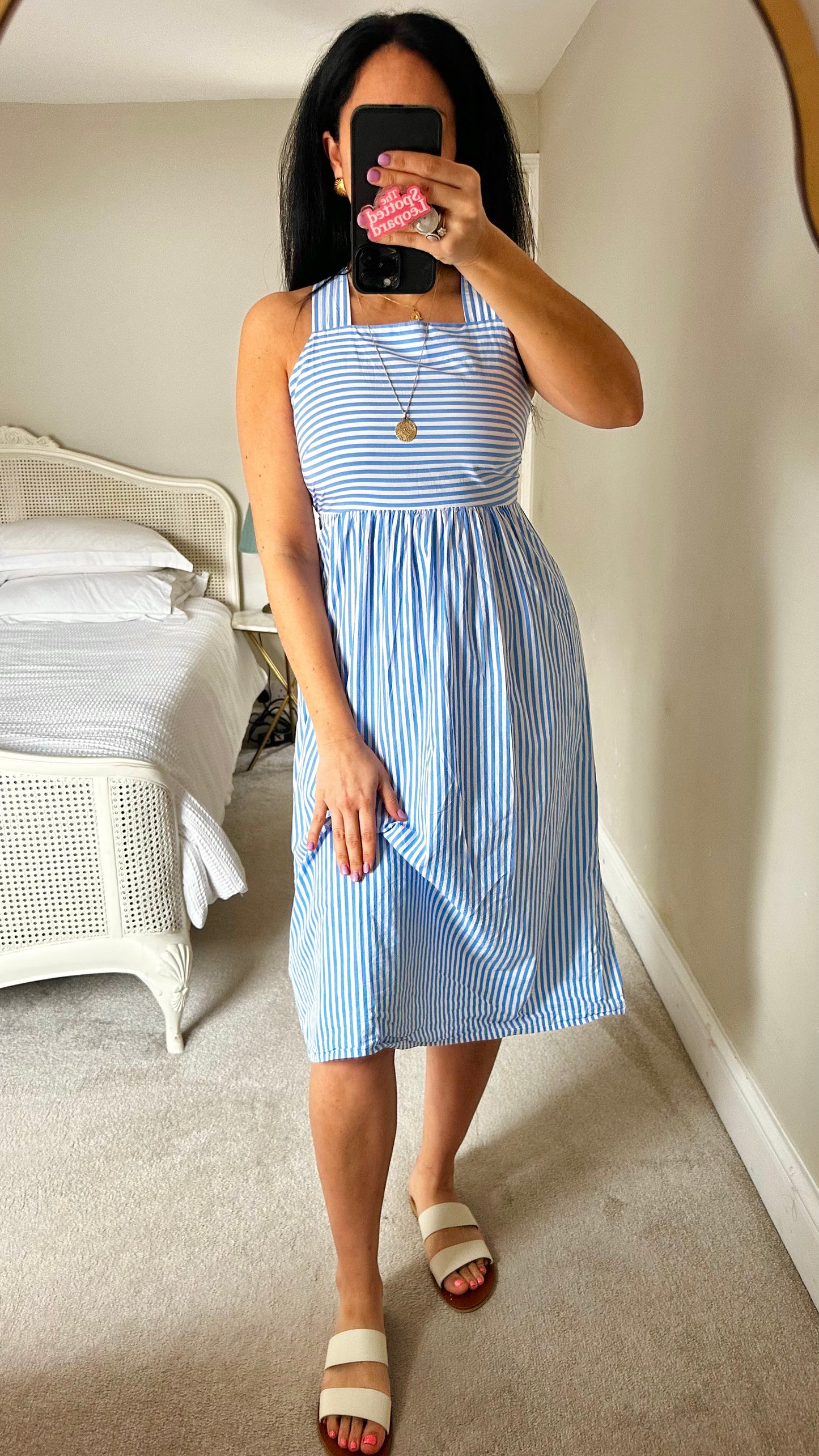 Albaray light blue white stripe midi cotton sundress holiday small UK 8 vgc