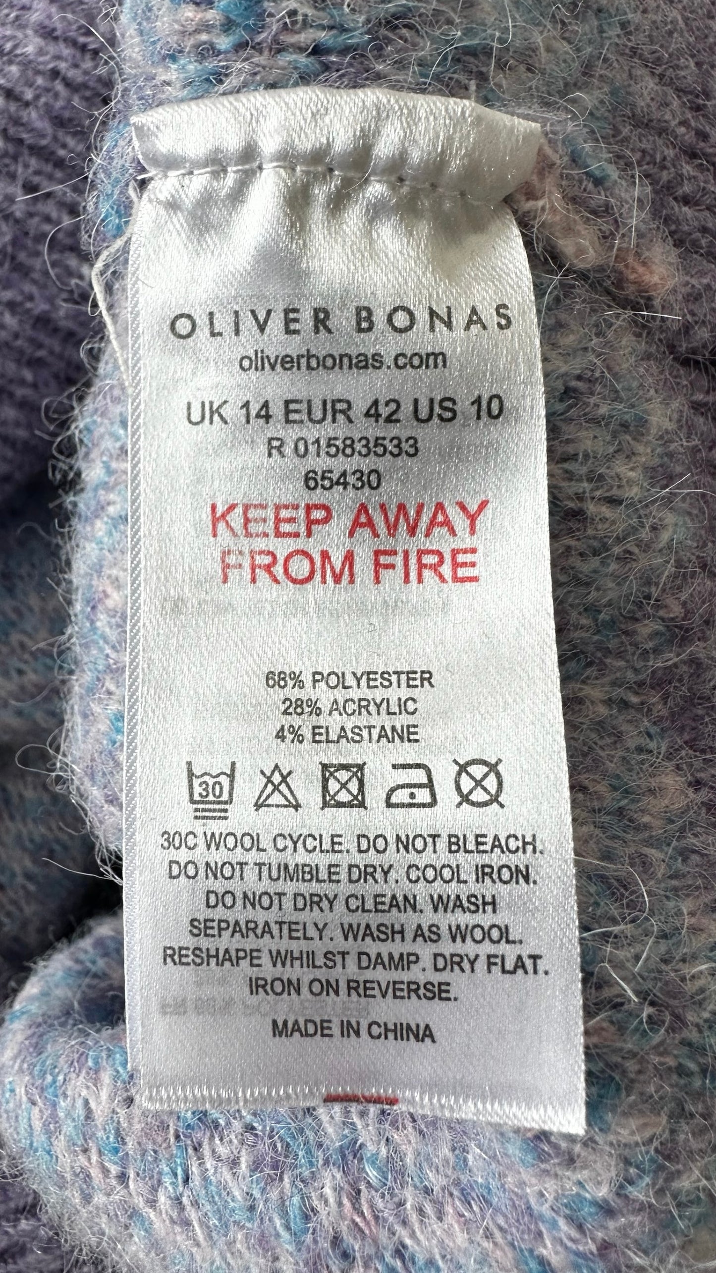 Oliver bonas lilac blue abstract floral printed knitted jumper extra large XL UK 14