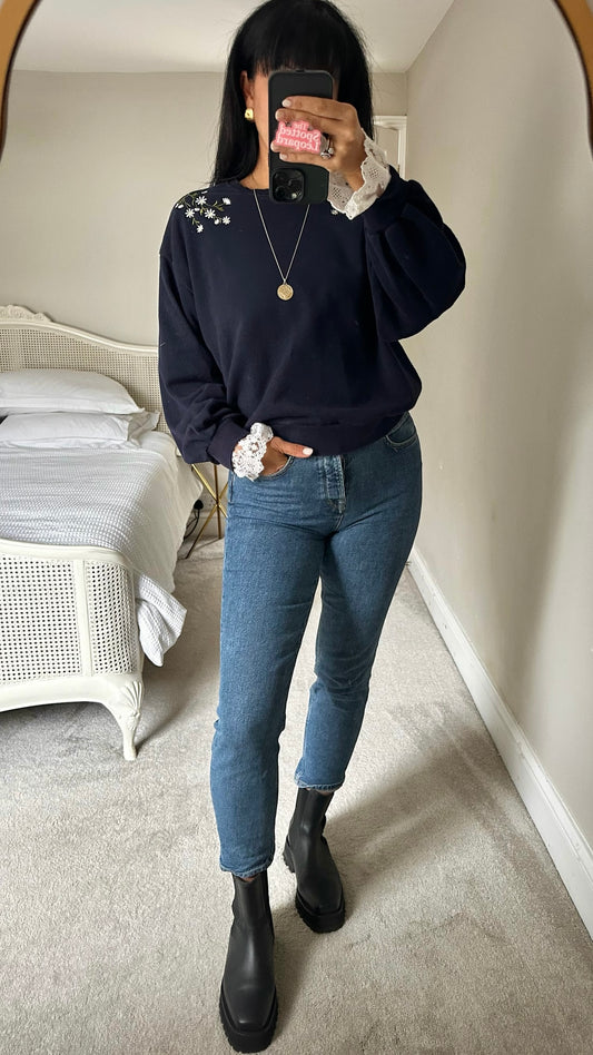 Olive navy blue floral embroidered lace jumper sweater large L UK 12 excellent used condition