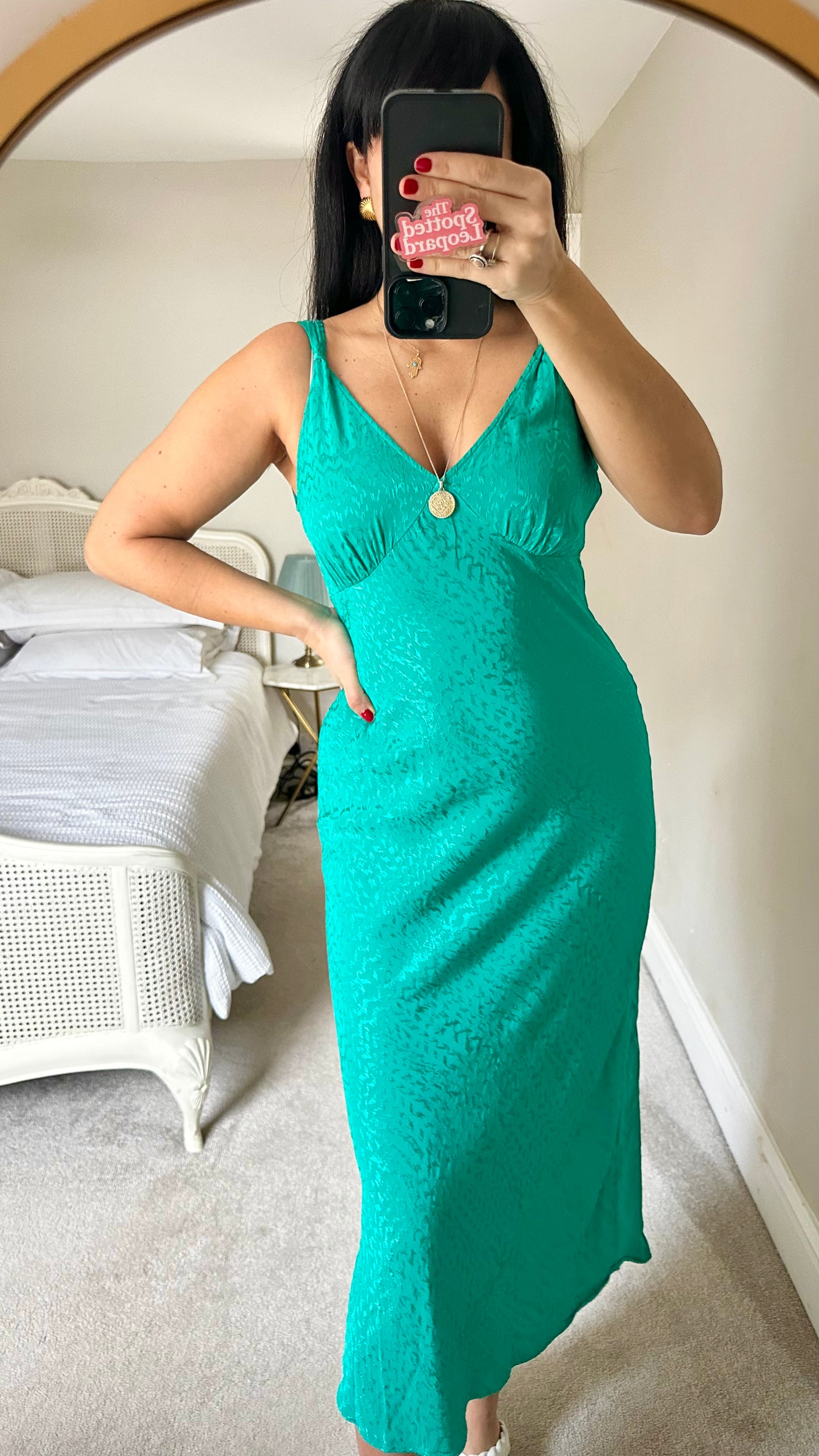 Oliver Bonas turquoise green animal print slinky midi long wedding guest dress small medium UK 8 12