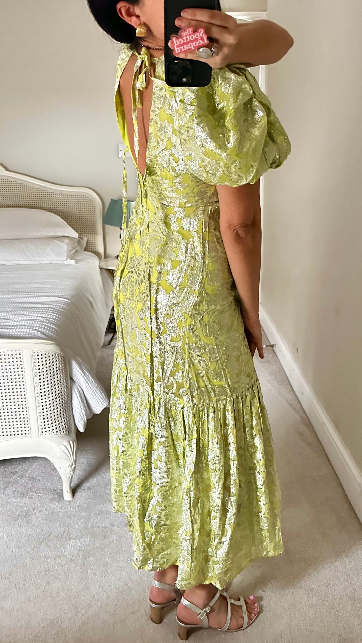 Warehouse lime green silver metallic wedding guest long maxi dress small UK 10 vgc