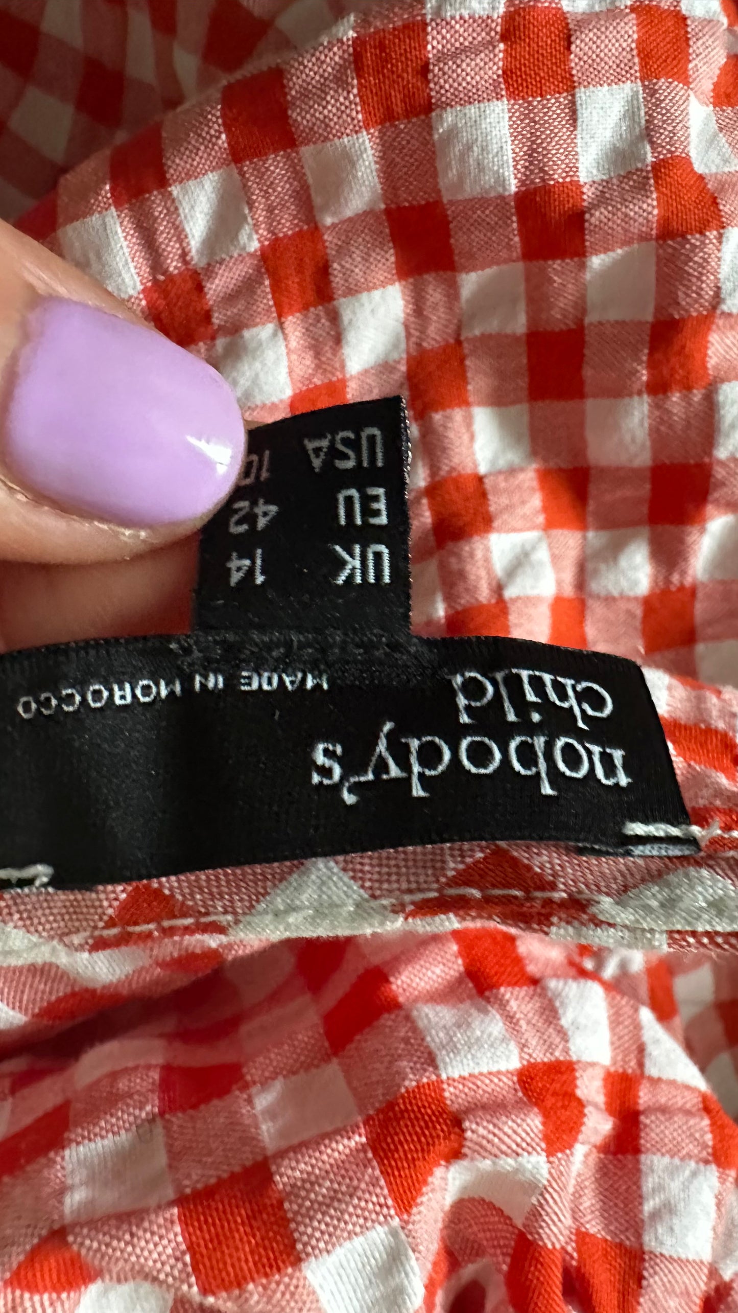 Nobody’s Child red white orange gingham check midi side split dress medium UK 14 vgc